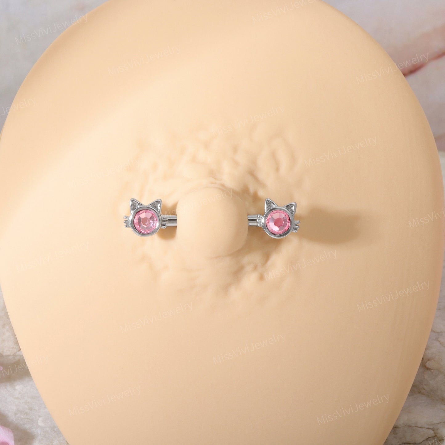 14G Pair of Pink Cat Nipple Piercings/ Cute Nipple Jewelry/ Shiny Nipple Barbell/ Steel Nipple Rings/ Sexy Body Jewelry/Barbell Piercing Miss Vivi Jewelry