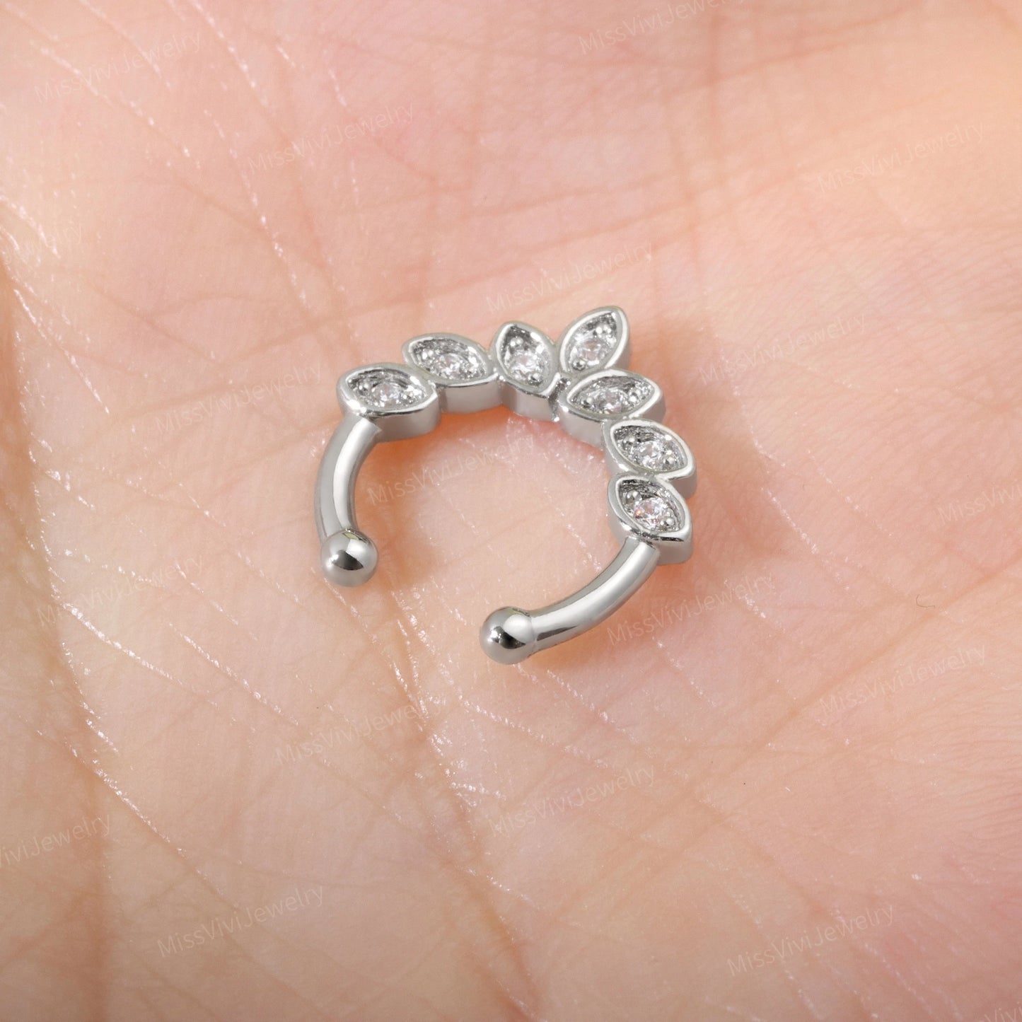 Fake Septum Ring Fit All/Adjustable CZ Leaves Setpum Hoop/Gold Septum Cuff/ Silver Clip On Nose Ring/Fake Piercing Hoop/False Nose Ring 10mm Miss Vivi Jewelry
