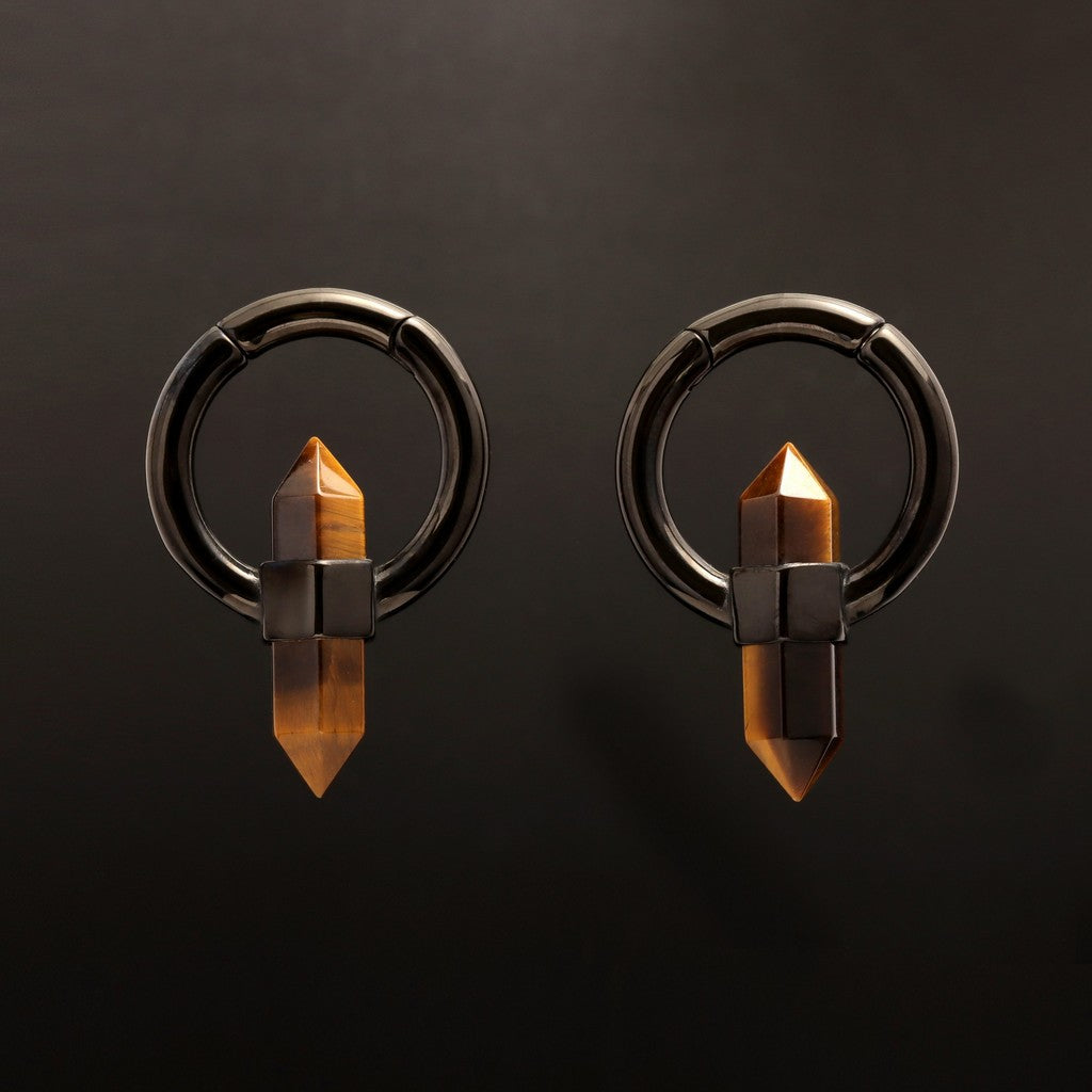 Tiger's eye Stone Ear Weight With Easy Clasp/ Black Stretched Earrings/ 2G Lobe Earrings/ Hinged Lobe Weights Hoop/ Cricle Weights