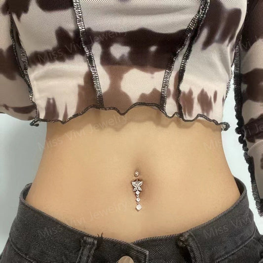 14G Sterling Silver Butterfly Dangle Belly Button Ring/ Waterproof Belly Bar/ Never Getting Green Belly Ring/ Fresh piercing navel jewelry Miss Vivi Jewelry