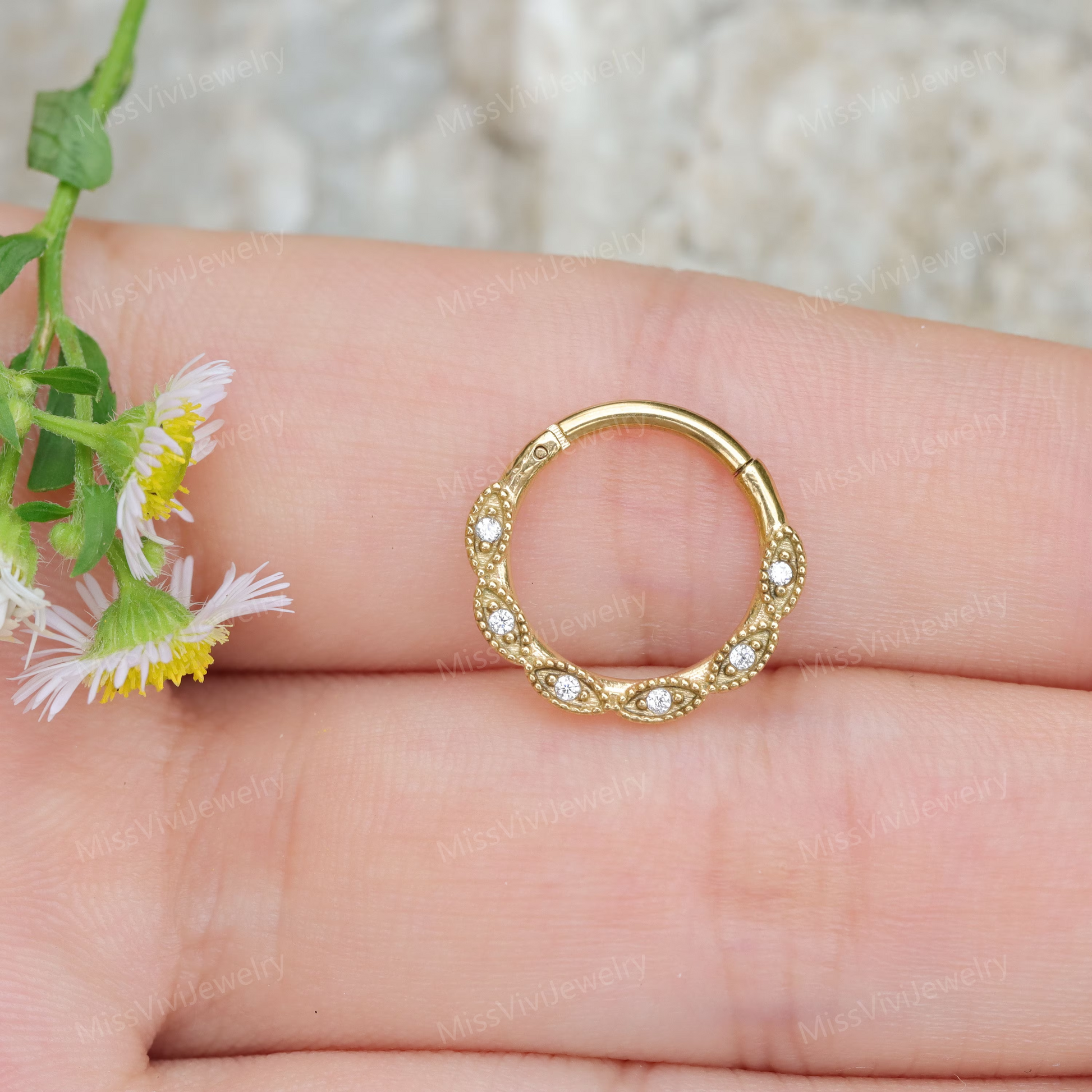 16G 316L Steel Flower Hinged Septum Nose Ring, Septum Clicker Silver, Septum Piercing Gold, Daith Hinged Hoop, Gift 1.2*8/10mm Silver Gold Miss Vivi Jewelry