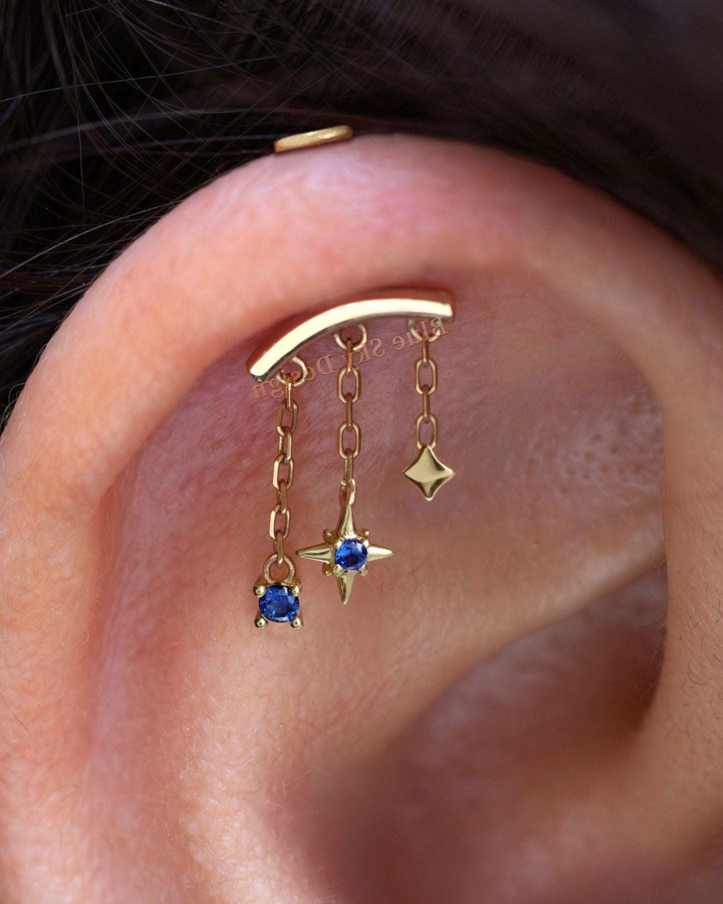 Designed for vertical helix piercings/ 925 Silver Helix Chain Earring 18K Plated/ Star Dangle Earring/ Threadless Push In Hidden Rook Stud