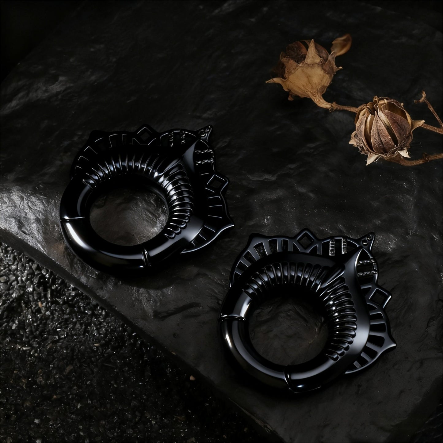 Black Lace Flower lobe weights/ Hinged Gauge Ring/ 2G Ear Gauges/ Ear Lobe stretching 6mm/ Gift Packaged Ear Weights