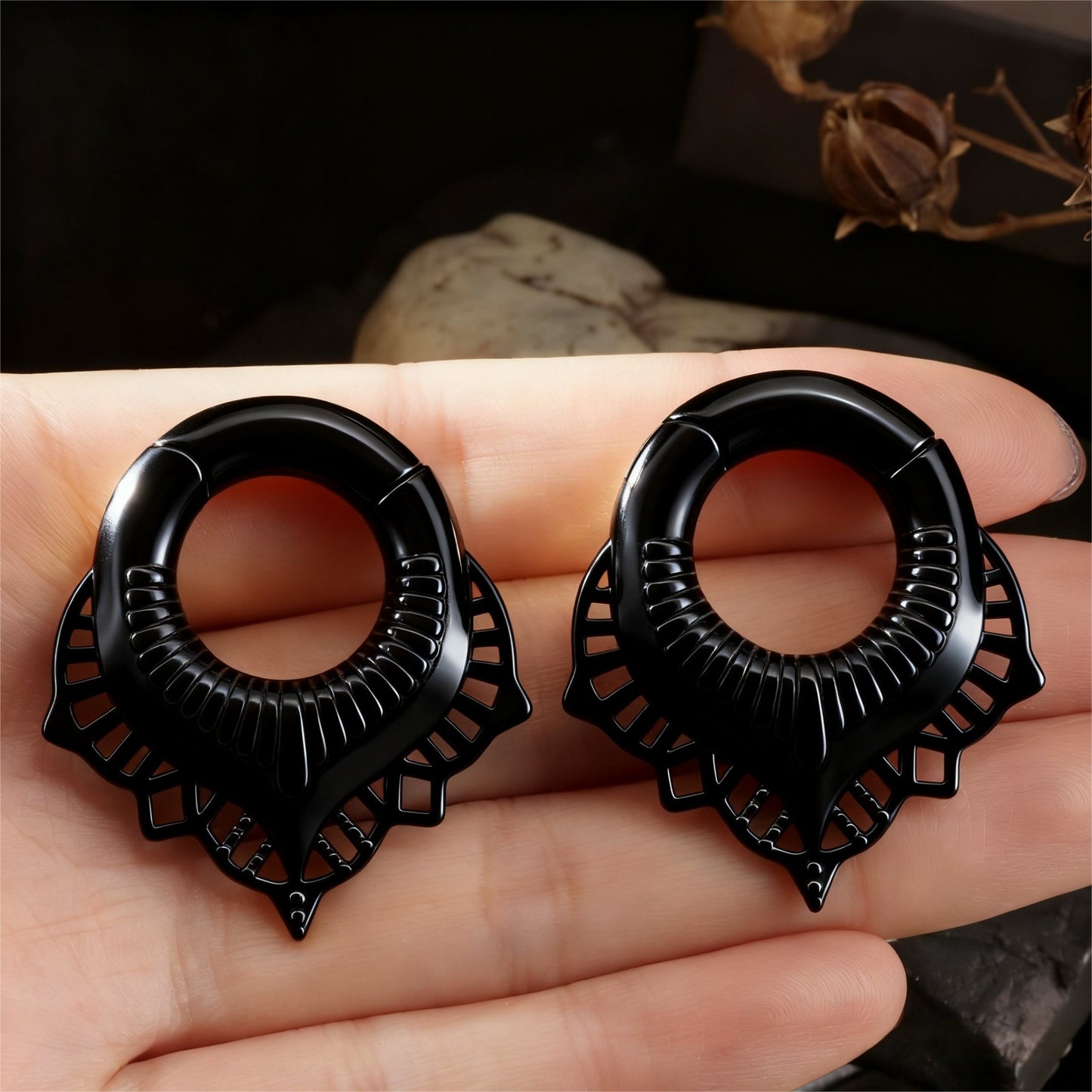 Black Lace Flower lobe weights/ Hinged Gauge Ring/ 2G Ear Gauges/ Ear Lobe stretching 6mm/ Gift Packaged Ear Weights