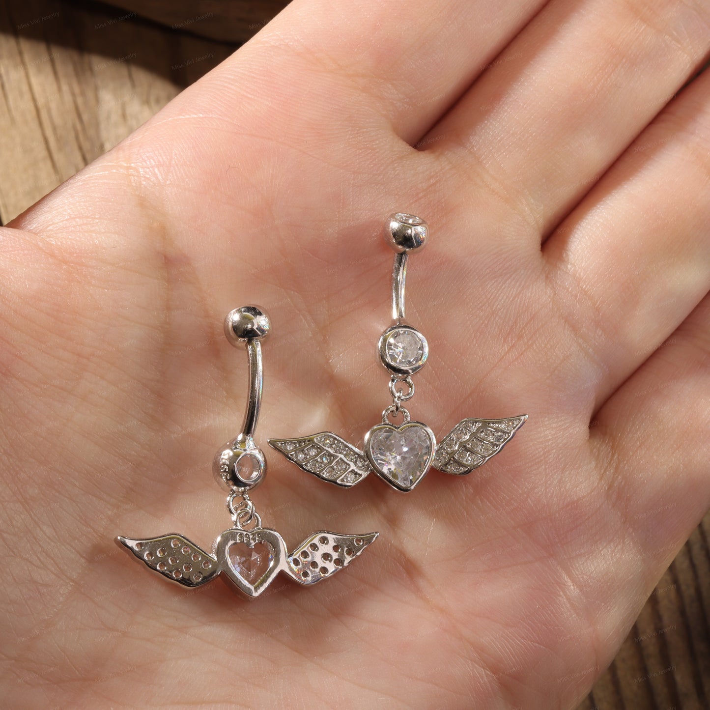 14G Sterling Silver Angel Wing Belly Rings| Hypoallergenic Belly Button Ring| Waterproof Belly Bar| Never Tarnish Navel Ring|6/8/10/12mm bar Miss Vivi Jewelry