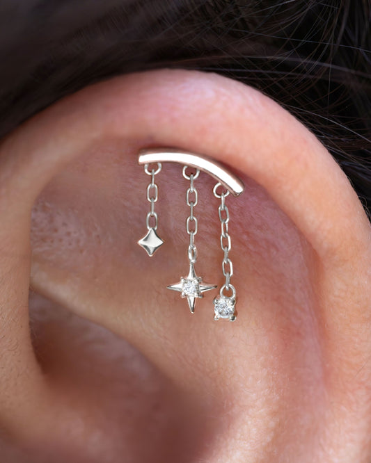 925S Left Helix Chain Earring/Star Dangle Earring /Helix Push Pin Stud Earring /Threadless Cartilage Helix Earring Stud /Hidden Helix Stud