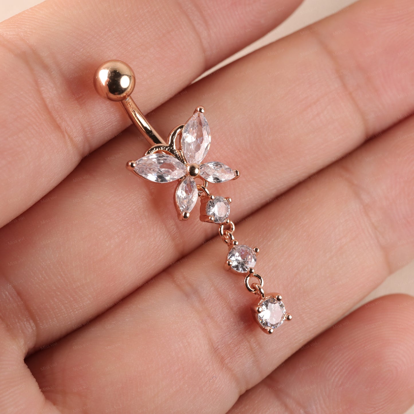 14G Surgical Steel Cystal Butterfly Belly Rings/ Zircon Dangle Navel Ring/ Butterfly Belly Piercing/ Belly Button Bar/ CZ Butterfly Jewelry Miss Vivi Jewelry