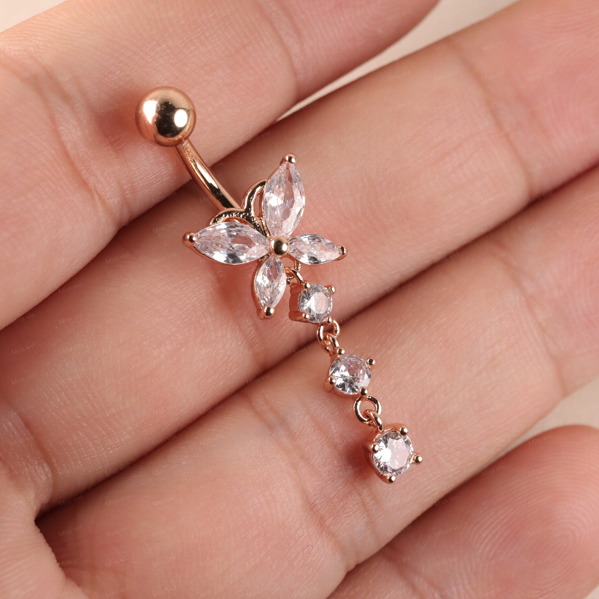 14G Surgical Steel Cystal Butterfly Belly Rings/ Zircon Dangle Navel Ring/ Butterfly Belly Piercing/ Belly Button Bar/ CZ Butterfly Jewelry Miss Vivi Jewelry