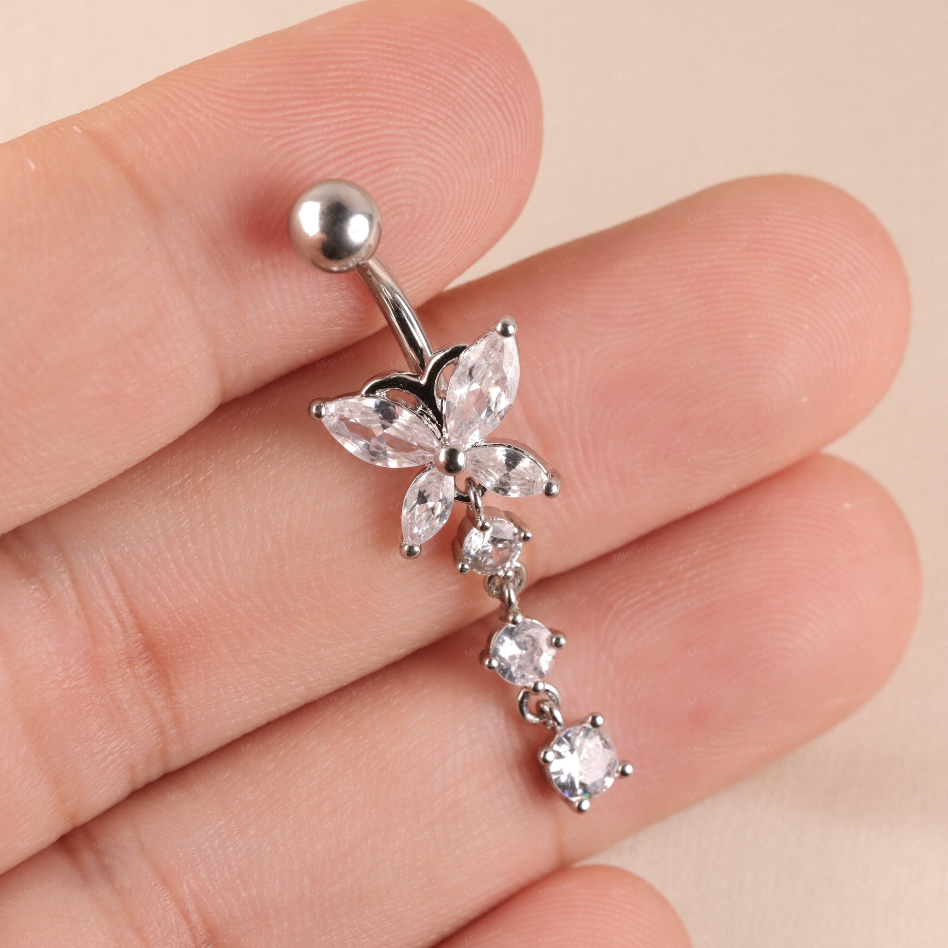14G Surgical Steel Cystal Butterfly Belly Rings/ Zircon Dangle Navel Ring/ Butterfly Belly Piercing/ Belly Button Bar/ CZ Butterfly Jewelry Miss Vivi Jewelry