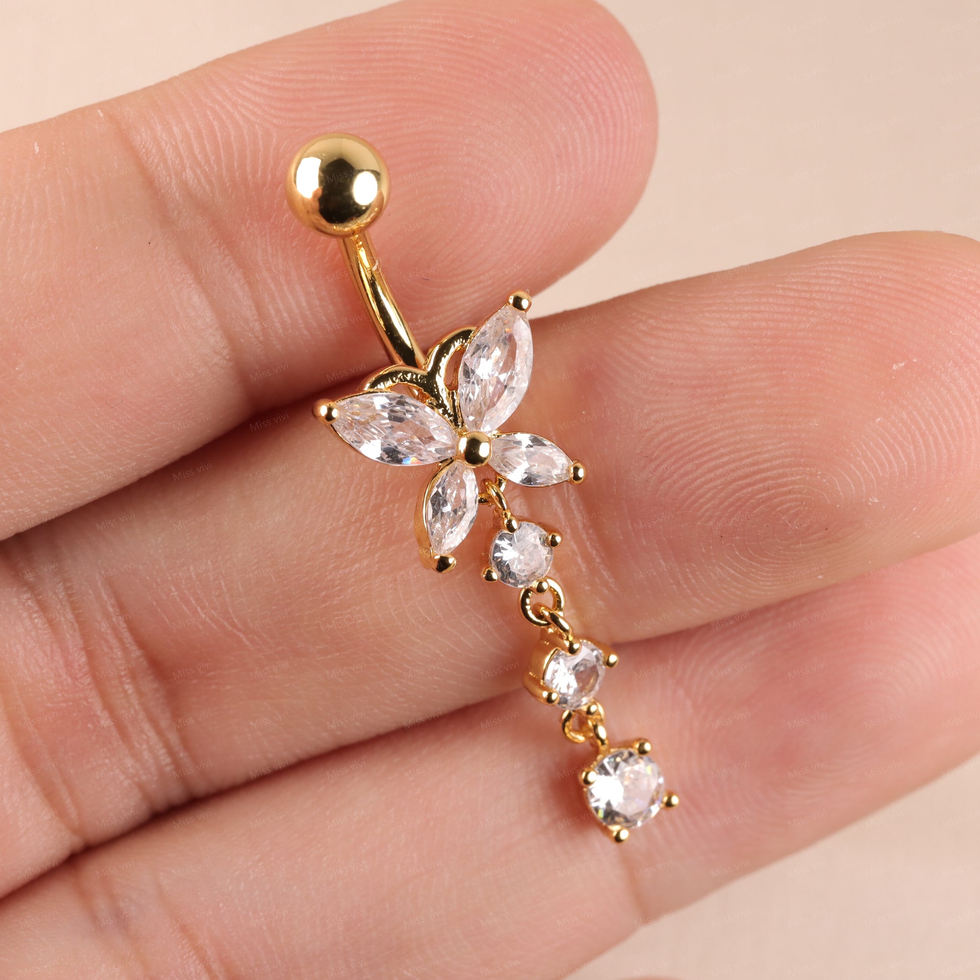 14G Surgical Steel Cystal Butterfly Belly Rings/ Zircon Dangle Navel Ring/ Butterfly Belly Piercing/ Belly Button Bar/ CZ Butterfly Jewelry Miss Vivi Jewelry