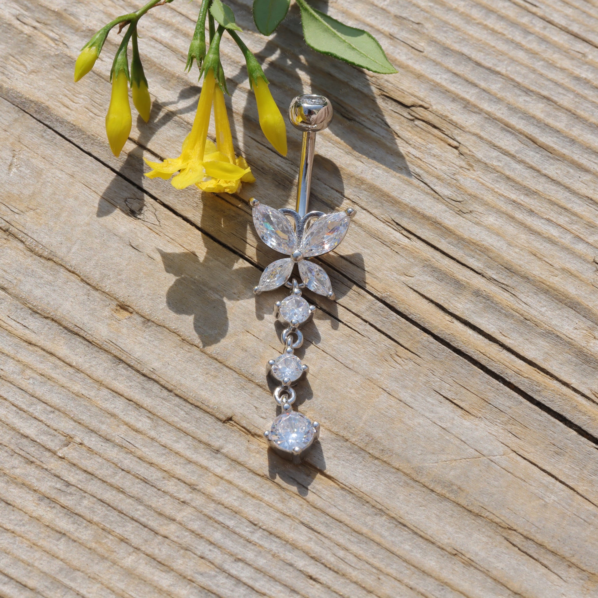 14G Sterling Silver Butterfly Dangle Belly Button Ring/ Waterproof Belly Bar/ Never Getting Green Belly Ring/ Fresh piercing navel jewelry Miss Vivi Jewelry
