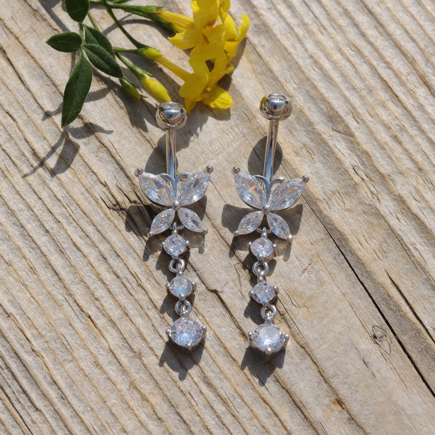14G Sterling Silver Butterfly Dangle Belly Button Ring/ Waterproof Belly Bar/ Never Getting Green Belly Ring/ Fresh piercing navel jewelry Miss Vivi Jewelry