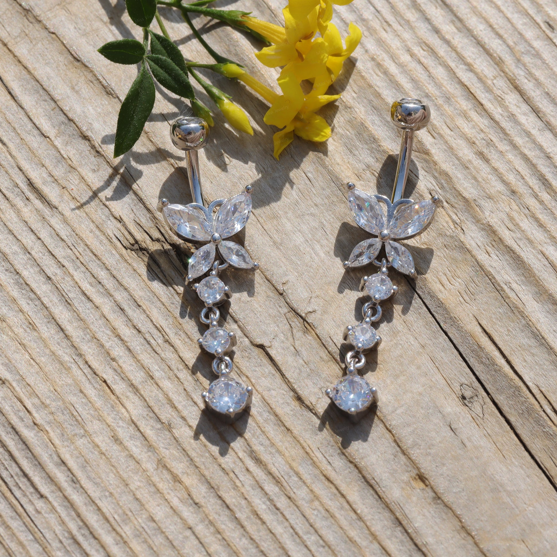 14G Sterling Silver Butterfly Dangle Belly Button Ring/ Waterproof Belly Bar/ Never Getting Green Belly Ring/ Fresh piercing navel jewelry Miss Vivi Jewelry