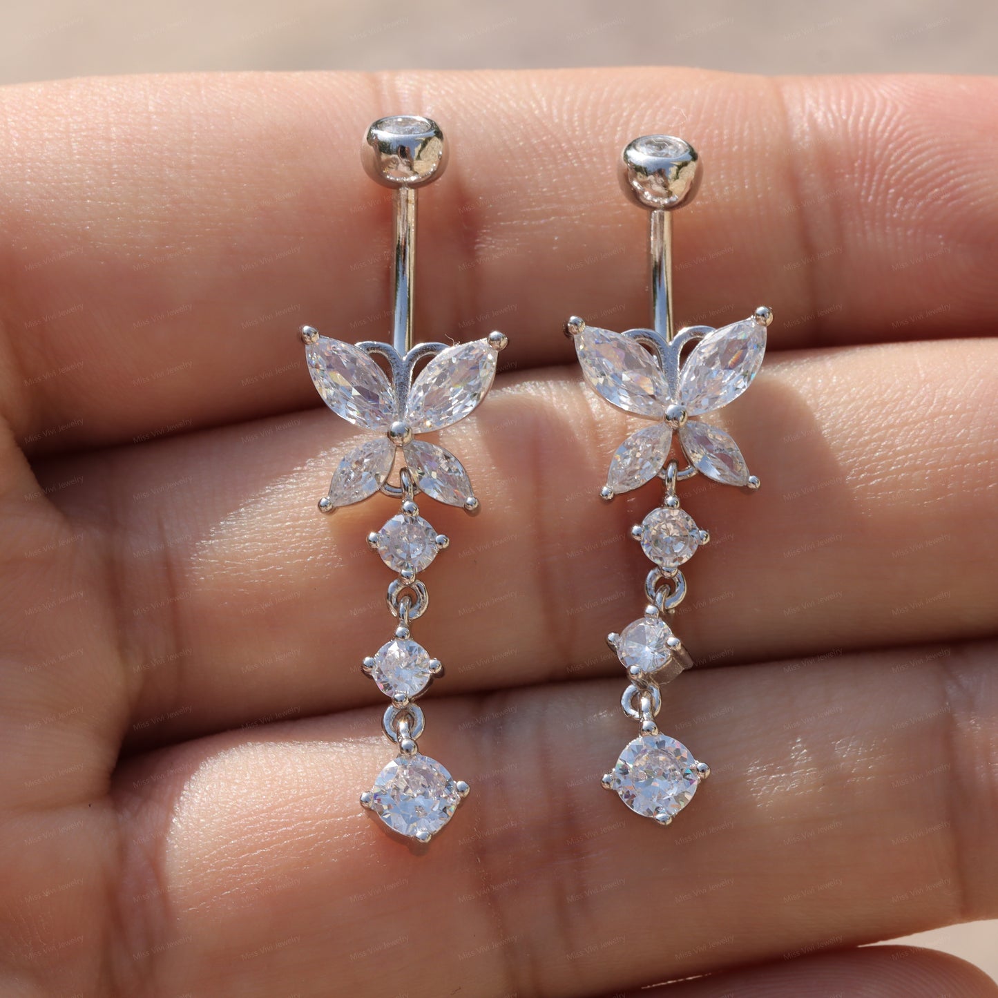14G Sterling Silver Butterfly Dangle Belly Button Ring/ Waterproof Belly Bar/ Never Getting Green Belly Ring/ Fresh piercing navel jewelry Miss Vivi Jewelry