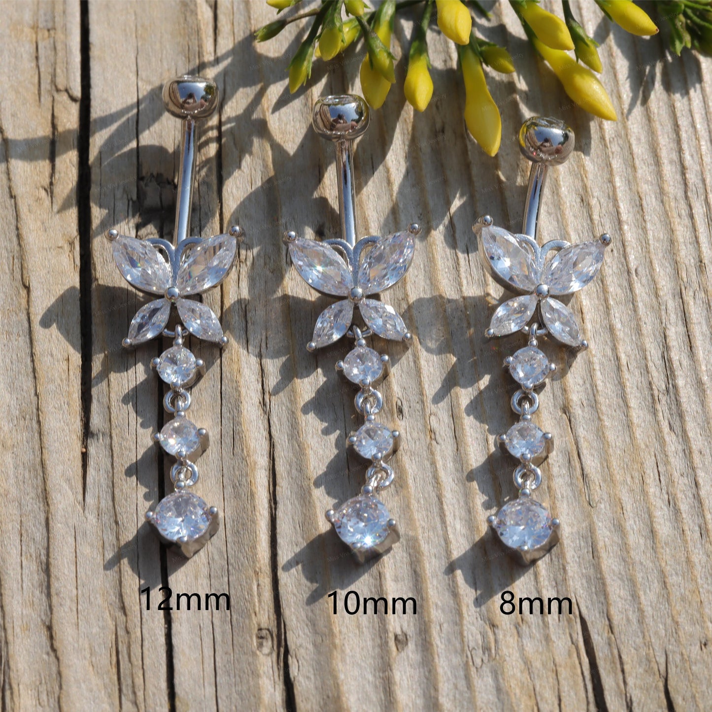 14G Sterling Silver Butterfly Dangle Belly Button Ring/ Waterproof Belly Bar/ Never Getting Green Belly Ring/ Fresh piercing navel jewelry Miss Vivi Jewelry