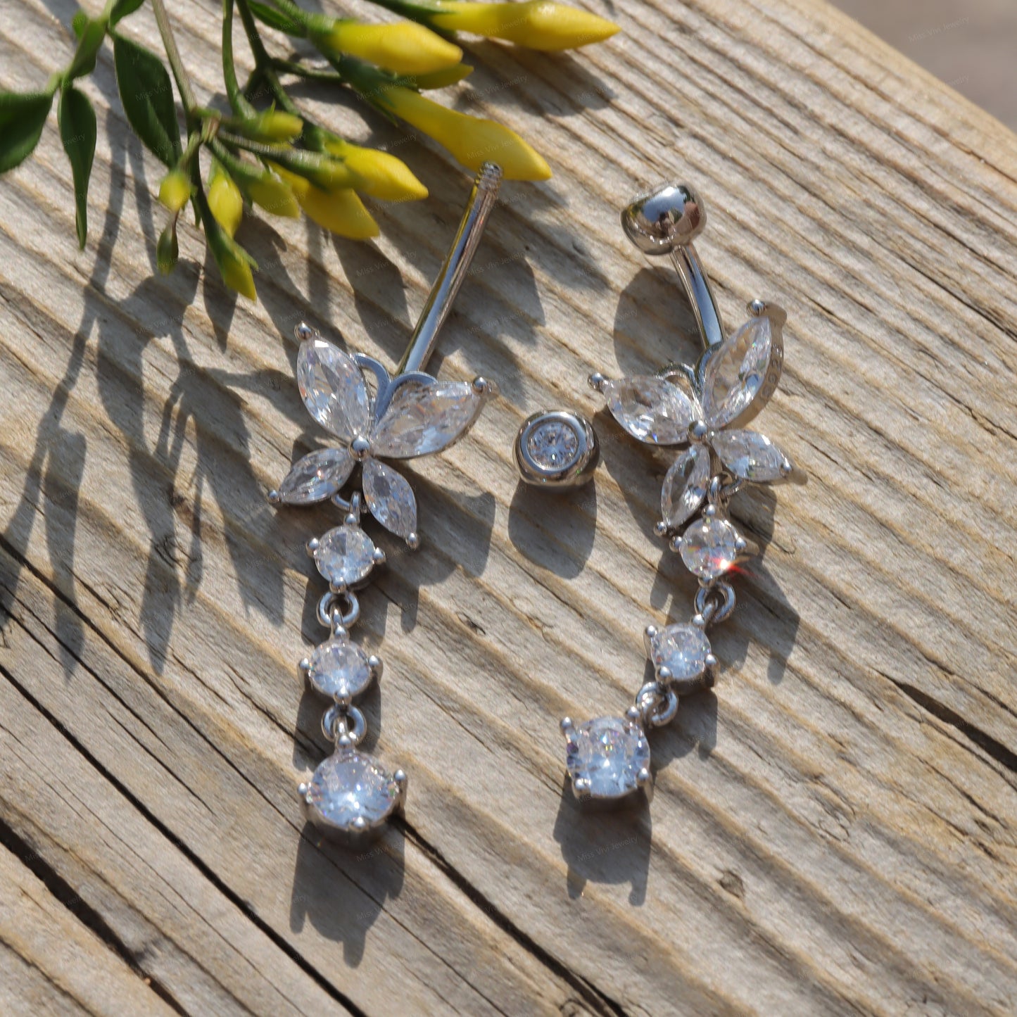 14G Sterling Silver Butterfly Dangle Belly Button Ring/ Waterproof Belly Bar/ Never Getting Green Belly Ring/ Fresh piercing navel jewelry Miss Vivi Jewelry