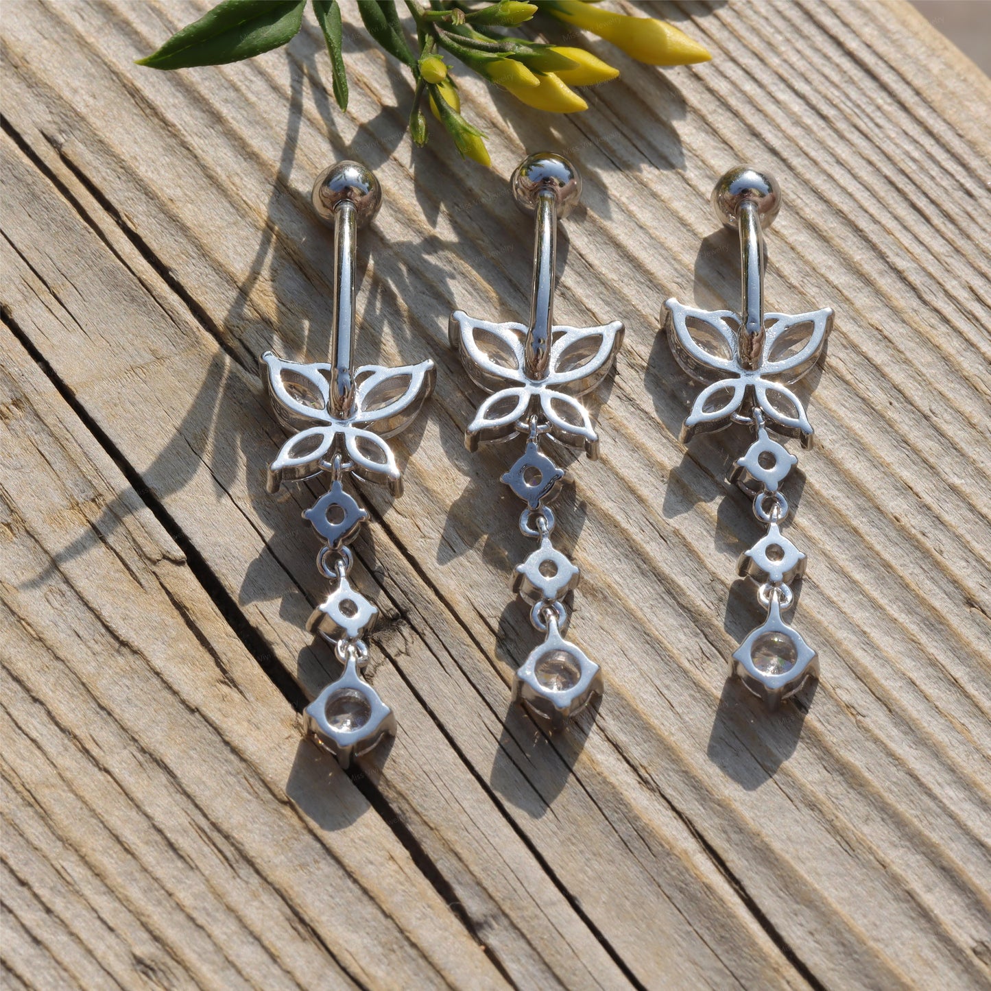 14G Sterling Silver Butterfly Dangle Belly Button Ring/ Waterproof Belly Bar/ Never Getting Green Belly Ring/ Fresh piercing navel jewelry Miss Vivi Jewelry