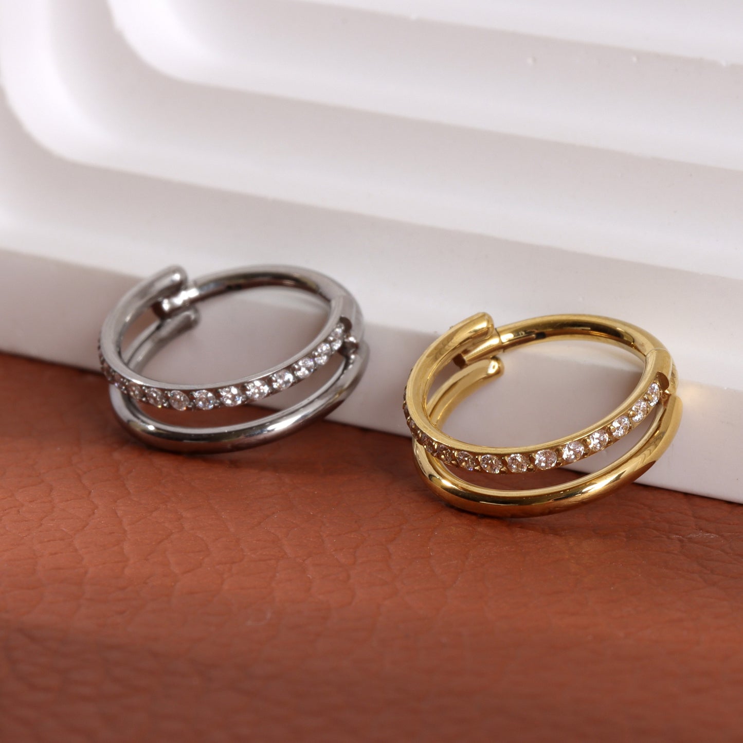 16G Titanium Double Line CZ Septum Ring/ Hinged Segment Design/ Daily Wear Nose Ring/ Gift Packaging