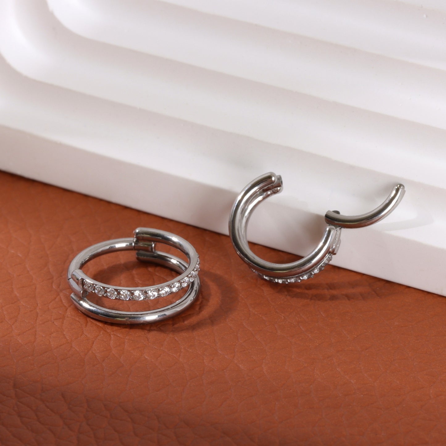 16G Titanium Double Line CZ Septum Ring/ Hinged Segment Design/ Daily Wear Nose Ring/ Gift Packaging