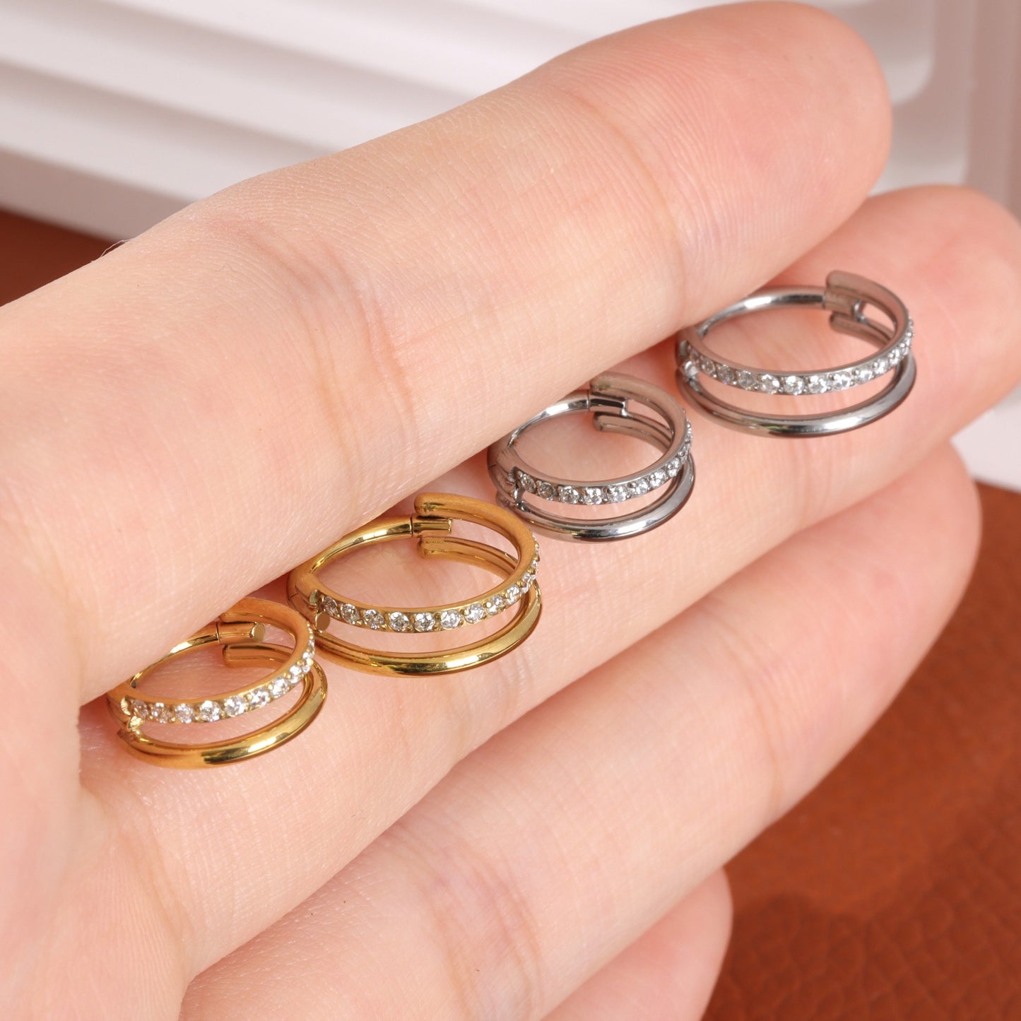 16G Titanium Double Line CZ Septum Ring/ Hinged Segment Design/ Daily Wear Nose Ring/ Gift Packaging