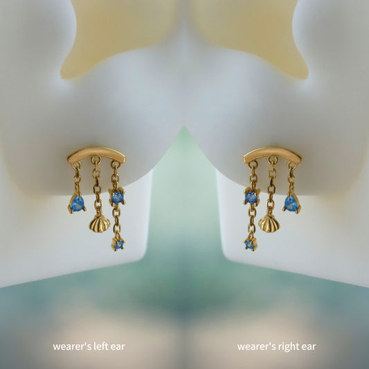 Ocean Shell Hidden Helix Chain Earring/ Chain Dangle Earring/ Helix Push Pin Stud Earring/Threadless Cartilage Helix Earring/Flat Helix Stud