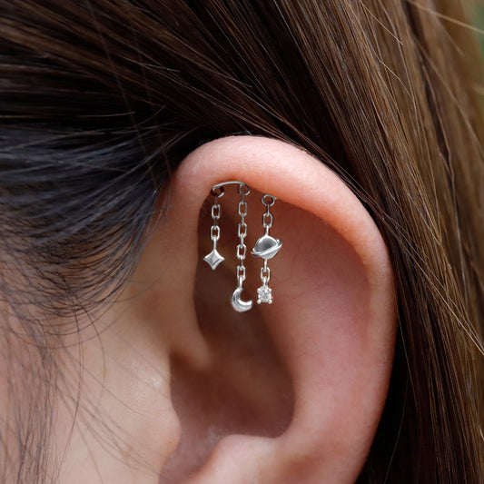 Planet Hidden Helix Chain Earring /Moon Dangle Earring /Helix Push Pin Stud Earring /Threadless Cartilage Helix Earring Stud/Flat Helix Stud