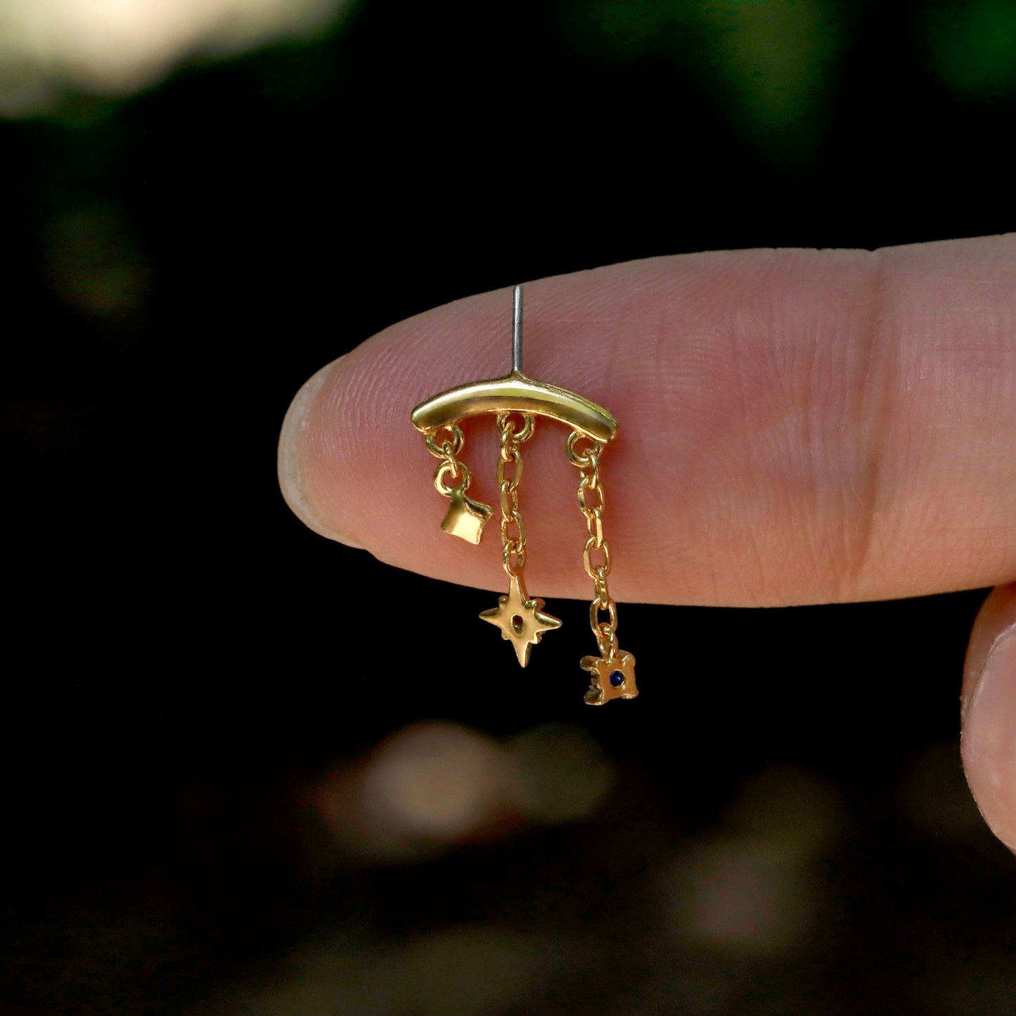 Designed for vertical helix piercings/ 925 Silver Helix Chain Earring 18K Plated/ Star Dangle Earring/ Threadless Push In Hidden Rook Stud