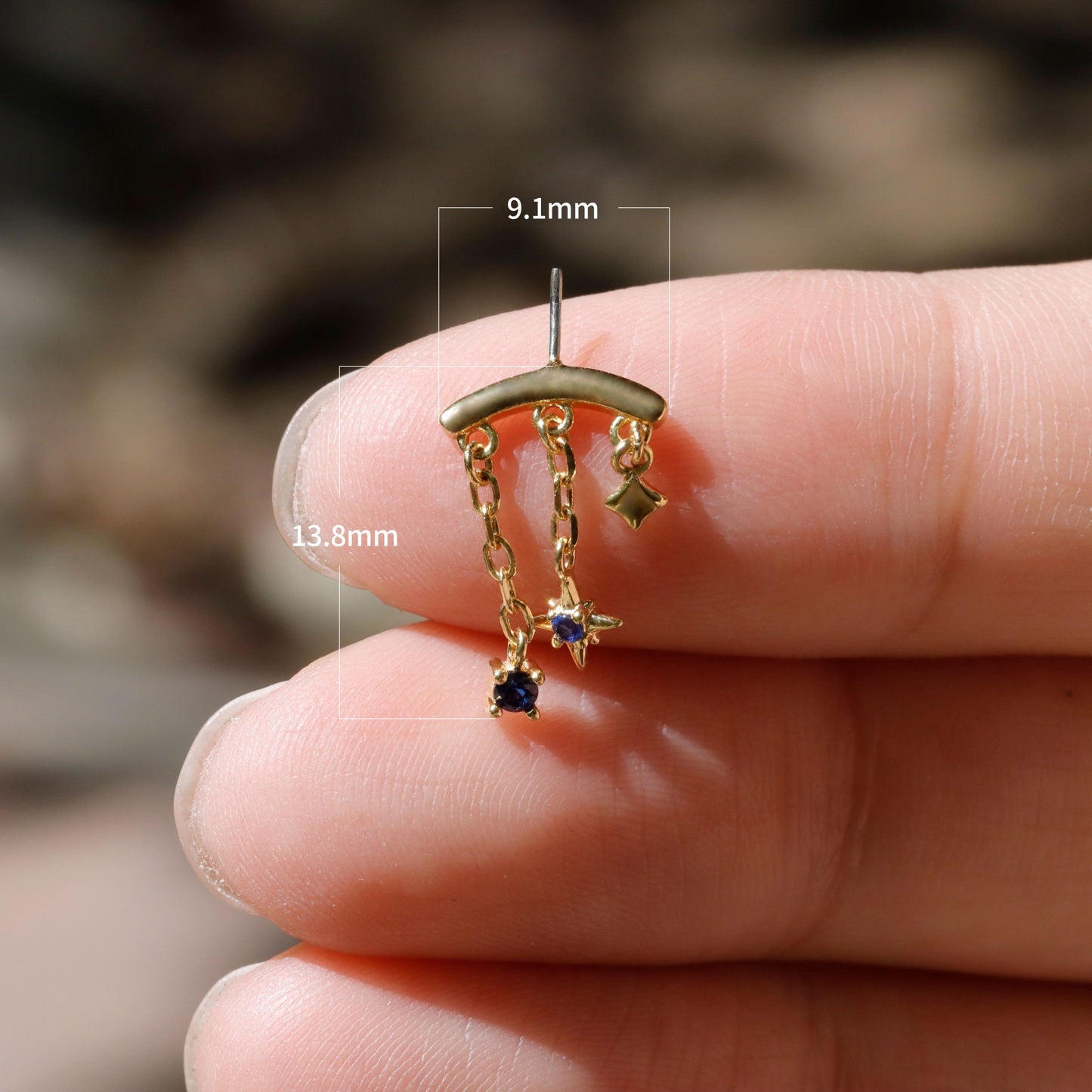 Designed for vertical helix piercings/ 925 Silver Helix Chain Earring 18K Plated/ Star Dangle Earring/ Threadless Push In Hidden Rook Stud