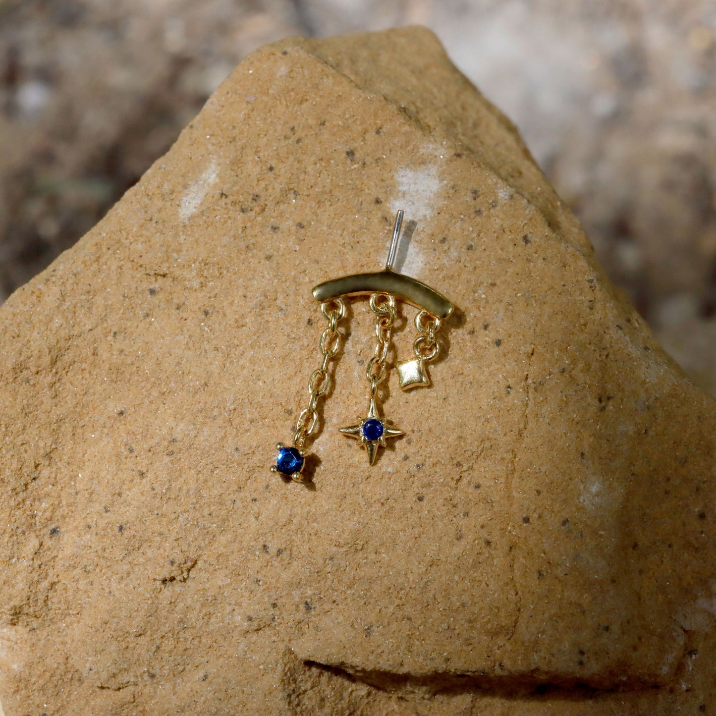 Designed for vertical helix piercings/ 925 Silver Helix Chain Earring 18K Plated/ Star Dangle Earring/ Threadless Push In Hidden Rook Stud