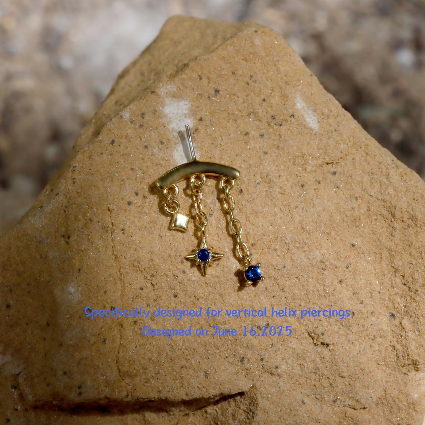 Designed for vertical helix piercings/ 925 Silver Helix Chain Earring 18K Plated/ Star Dangle Earring/ Threadless Push In Hidden Rook Stud