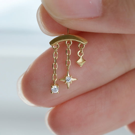 Designed for vertical helix piercings/ 925 Silver Helix Chain Earring 18K Plated/ Star Dangle Earring/ Threadless Push In Hidden Rook Stud