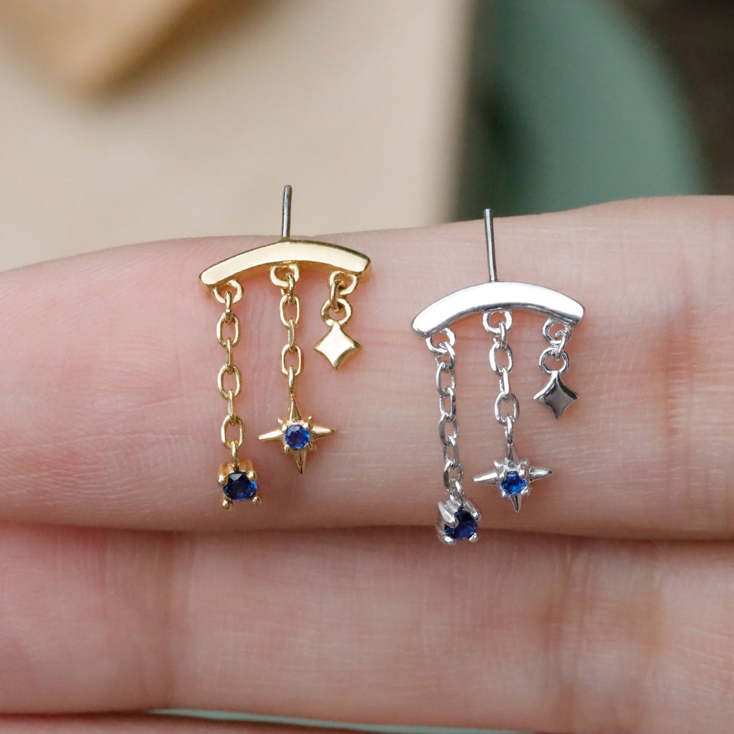 Designed for vertical helix piercings/ 925 Silver Helix Chain Earring 18K Plated/ Star Dangle Earring/ Threadless Push In Hidden Rook Stud