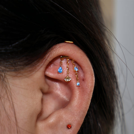 Designed for vertical helix piercing/925 Silver Helix Chain Earring 18K Plated/ Ocean Blue CZ Earring/ Threadless Push In Hidden Rook Stud