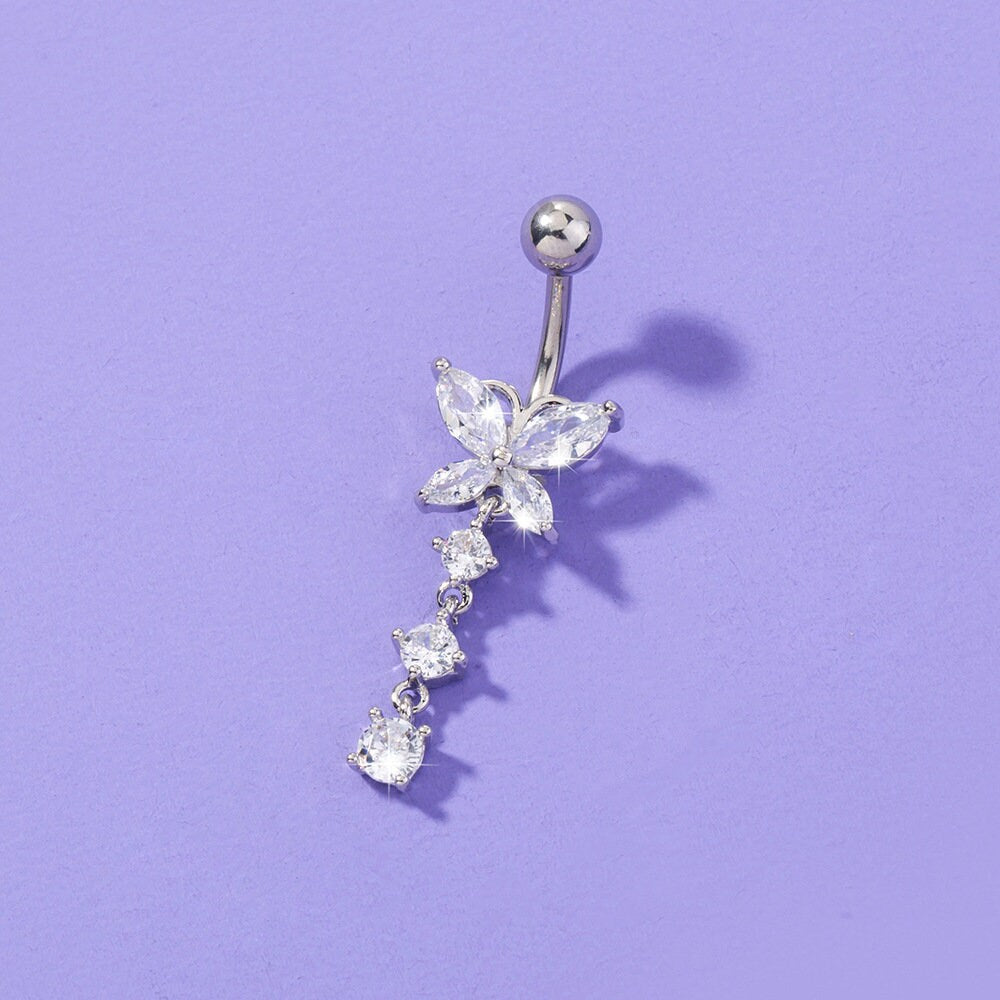 14G Surgical Steel Cystal Butterfly Belly Rings/ Zircon Dangle Navel Ring/ Butterfly Belly Piercing/ Belly Button Bar/ CZ Butterfly Jewelry Miss Vivi Jewelry