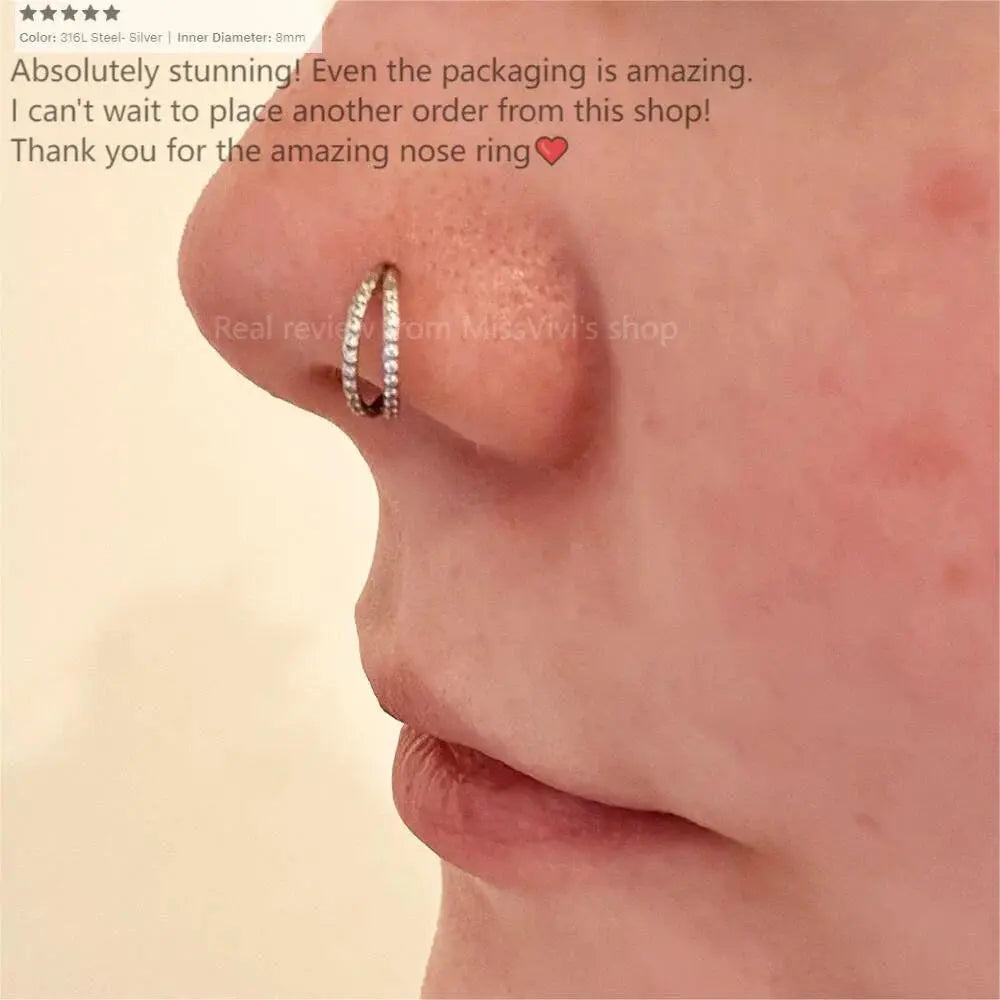 18G Surgical Steel CZ Double Nostril Ring/ Hinged Nose Hoop/ Shine Nose Clicker/ Steel Nostril Jewelry/1.0 Nose Piercing 1.0*8mm Silver Gold Miss Vivi Jewelry