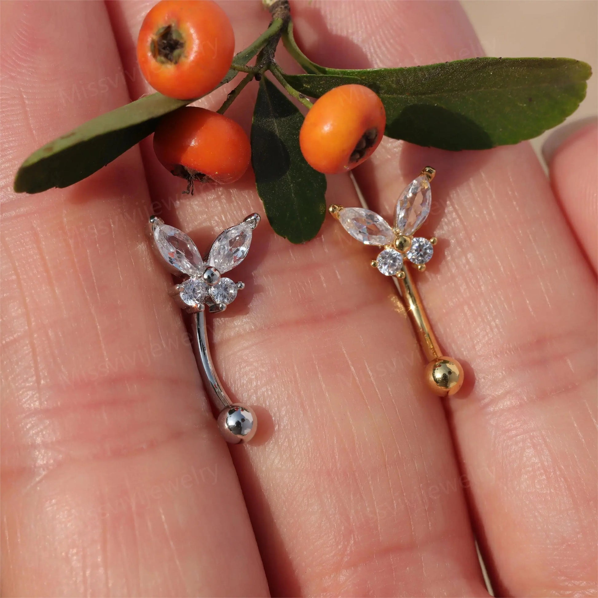 16g Butterfly Eyebrow Piercings Barbell/ eyebrow jewelry gold/ curved barbell/ eyebrow rings 8mm/ eyebrow bar/ steel eyebrow jewelry/1.2*8mm Miss Vivi Jewelry