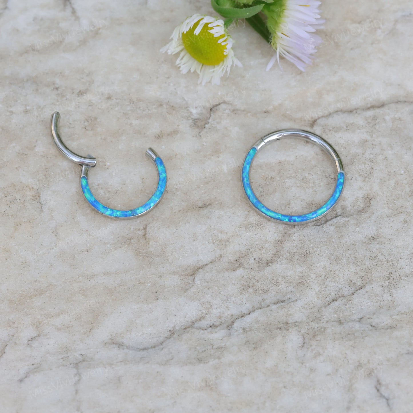 16G-Implant Grade Titanium Fire Opal Lined Front Facing Seamless Clicker Hoop/ Opal Septum Hoop/ Hinged Hoop Earring/ Daith Ring1.2*8/10mm Miss Vivi Jewelry