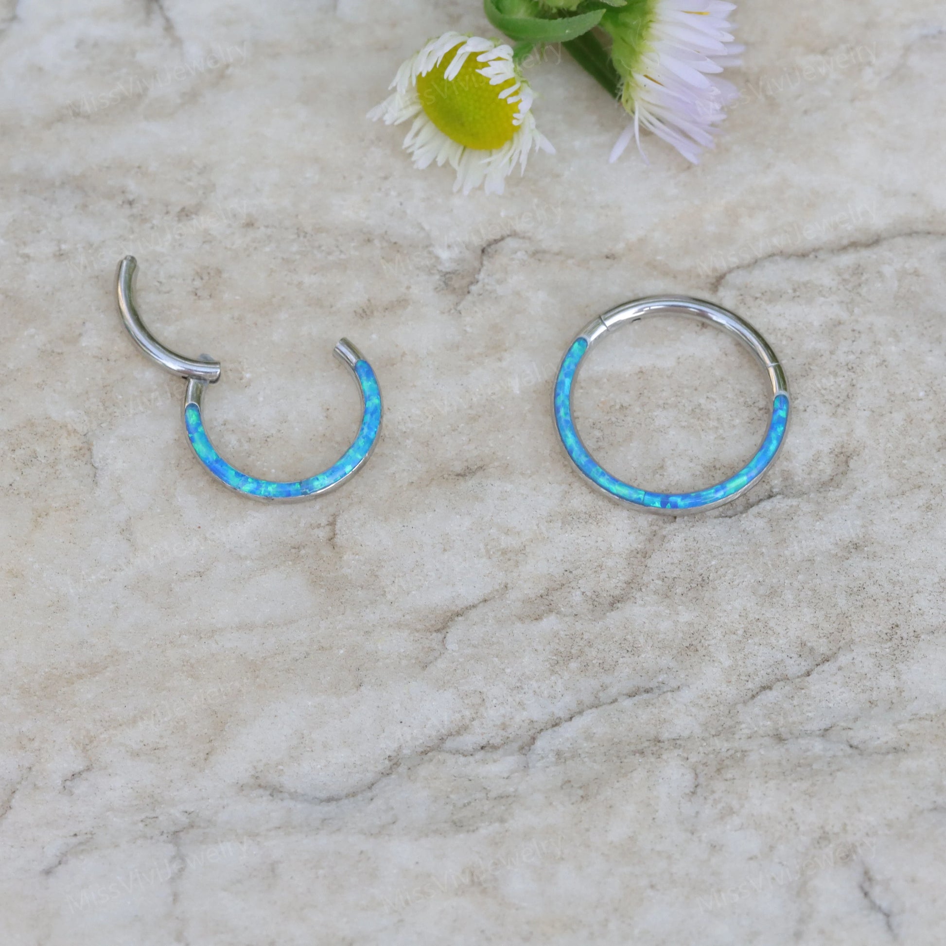 16G-Implant Grade Titanium Fire Opal Lined Front Facing Seamless Clicker Hoop/ Opal Septum Hoop/ Hinged Hoop Earring/ Daith Ring1.2*8/10mm Miss Vivi Jewelry