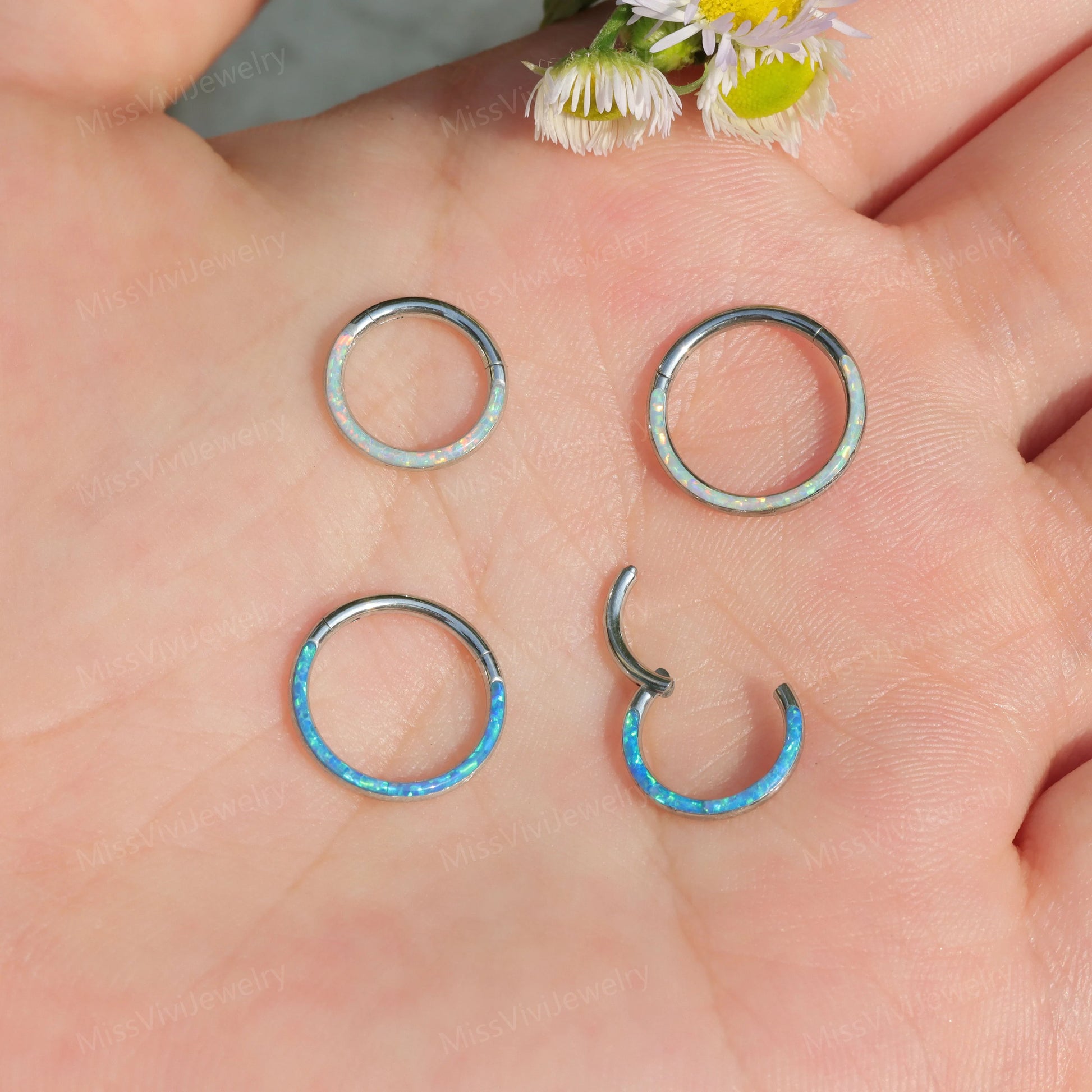 16G-Implant Grade Titanium Fire Opal Lined Front Facing Seamless Clicker Hoop/ Opal Septum Hoop/ Hinged Hoop Earring/ Daith Ring1.2*8/10mm Miss Vivi Jewelry
