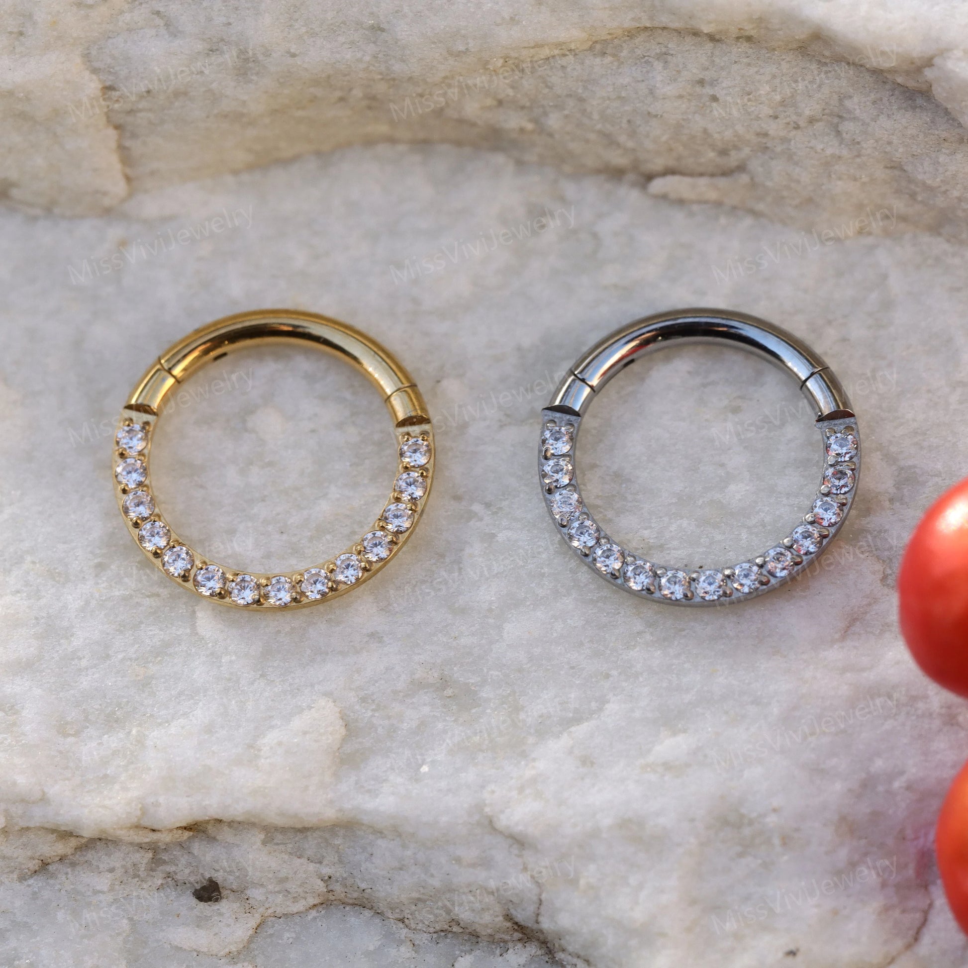 16G F136 Titanium Hinged Daith Earring Hoop/ Front Face CZ Gem Daith Clicker/ Daith Ring Silver/ Crystal Daith Earring 1.2*6/8/10mm Miss Vivi Jewelry