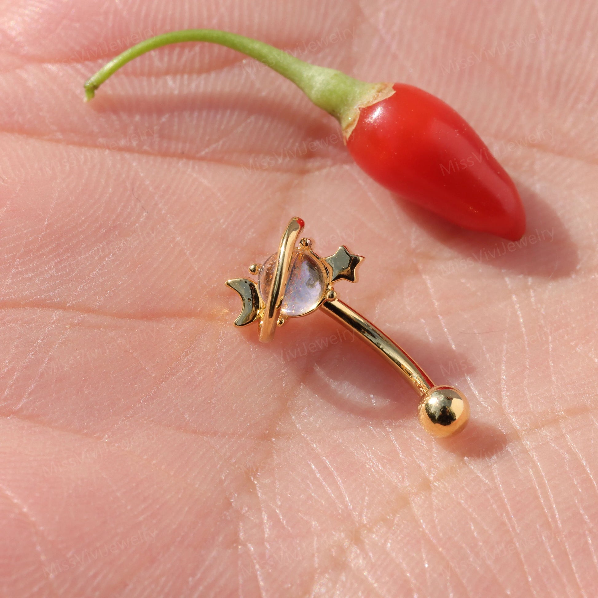 16G Moon&Star Rook Earring/ Rook Earring Barbell/ Rook Piercing Jewelry/ Eyebrow Piercing Jewelry/ Eyebrow Ring/Rook Barbell 8mm Silver Gold Miss Vivi Jewelry