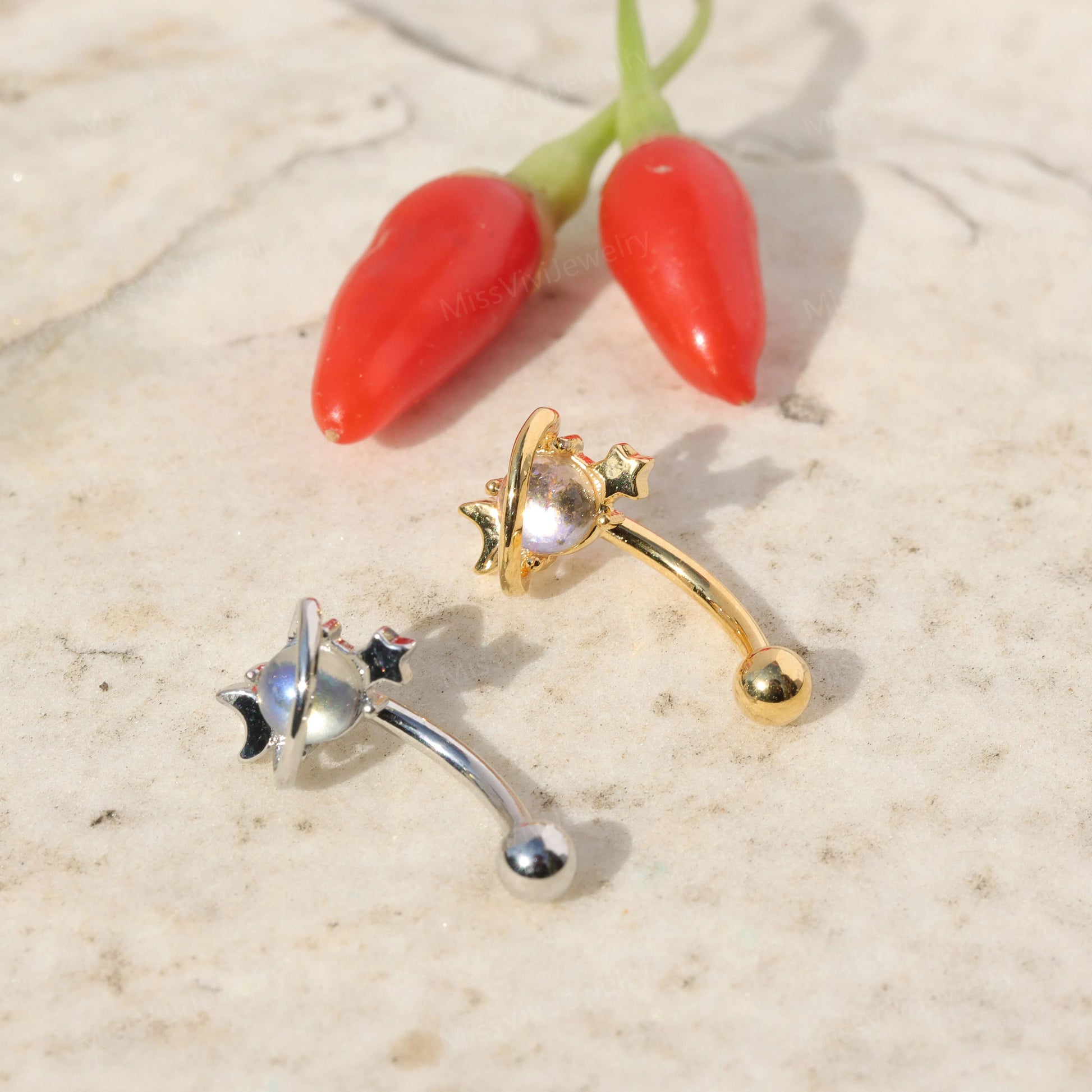16G Moon&Star Rook Earring/ Rook Earring Barbell/ Rook Piercing Jewelry/ Eyebrow Piercing Jewelry/ Eyebrow Ring/Rook Barbell 8mm Silver Gold Miss Vivi Jewelry