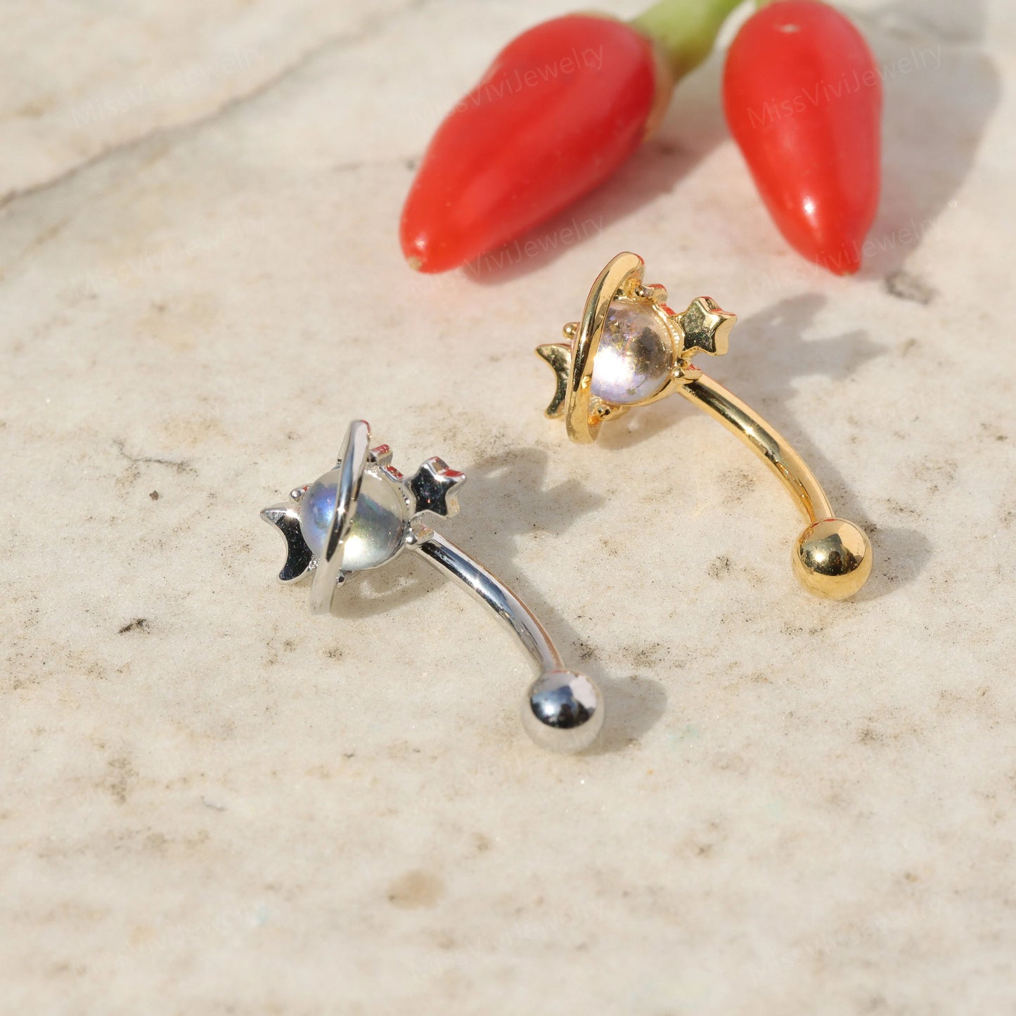 16G Moon&Star Rook Earring/ Rook Earring Barbell/ Rook Piercing Jewelry/ Eyebrow Piercing Jewelry/ Eyebrow Ring/Rook Barbell 8mm Silver Gold Miss Vivi Jewelry