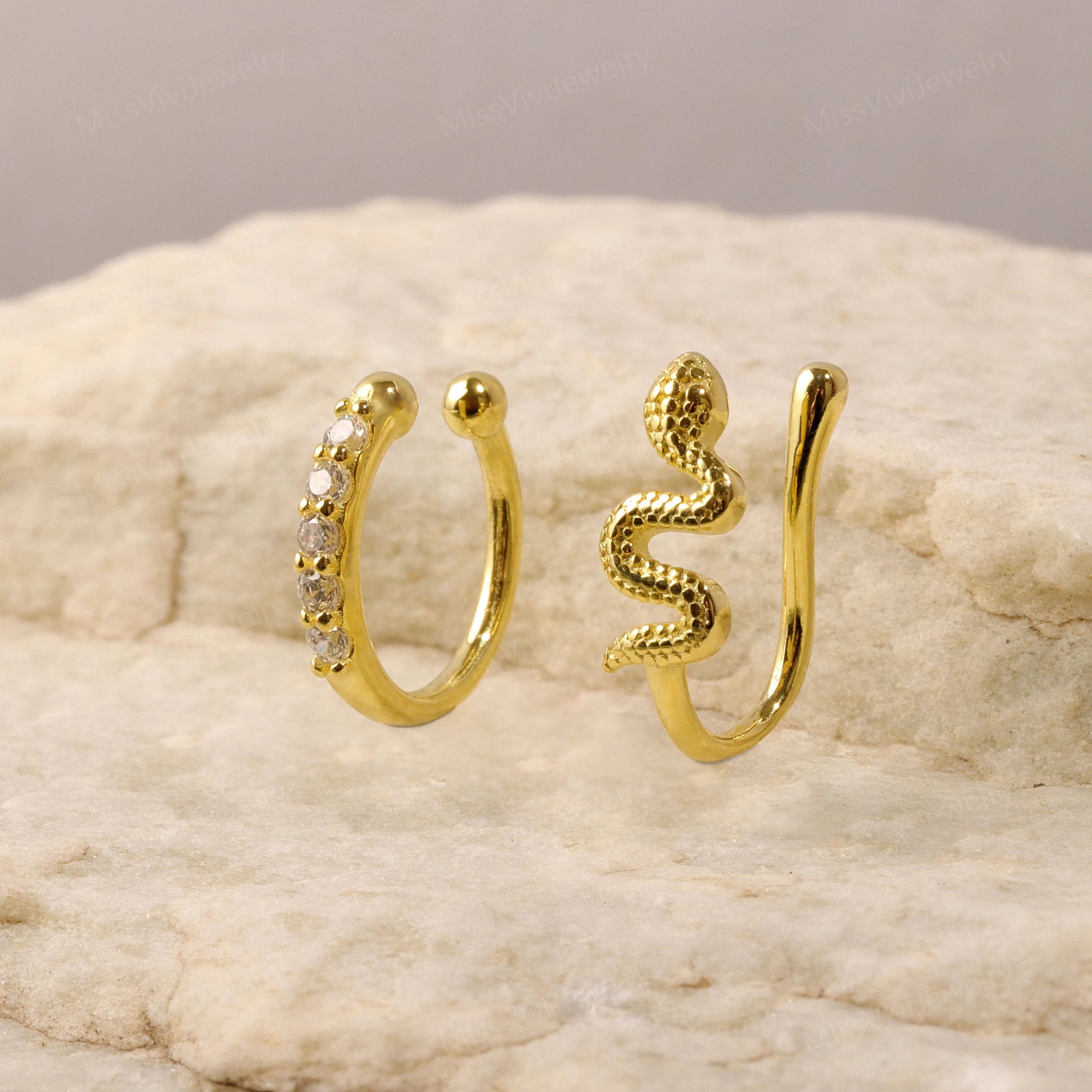 S925 Sterling Silver Fake Nose Ring/ Non Piercing Nose Ring Cuff Gold/ Never Getting Green Faux Nose Ring/ Quality Fake Piercing Jewelry Miss Vivi Jewelry