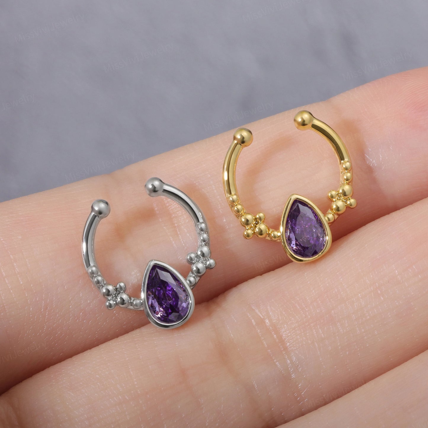 Fake Septum Ring Fit All/Adjustable Purple Waterdrop CZ Setpum Hoop/Gold Septum Cuff/Silver Clip On Nose Ring/Fake Hoop/False Nose Ring 10mm Miss Vivi Jewelry