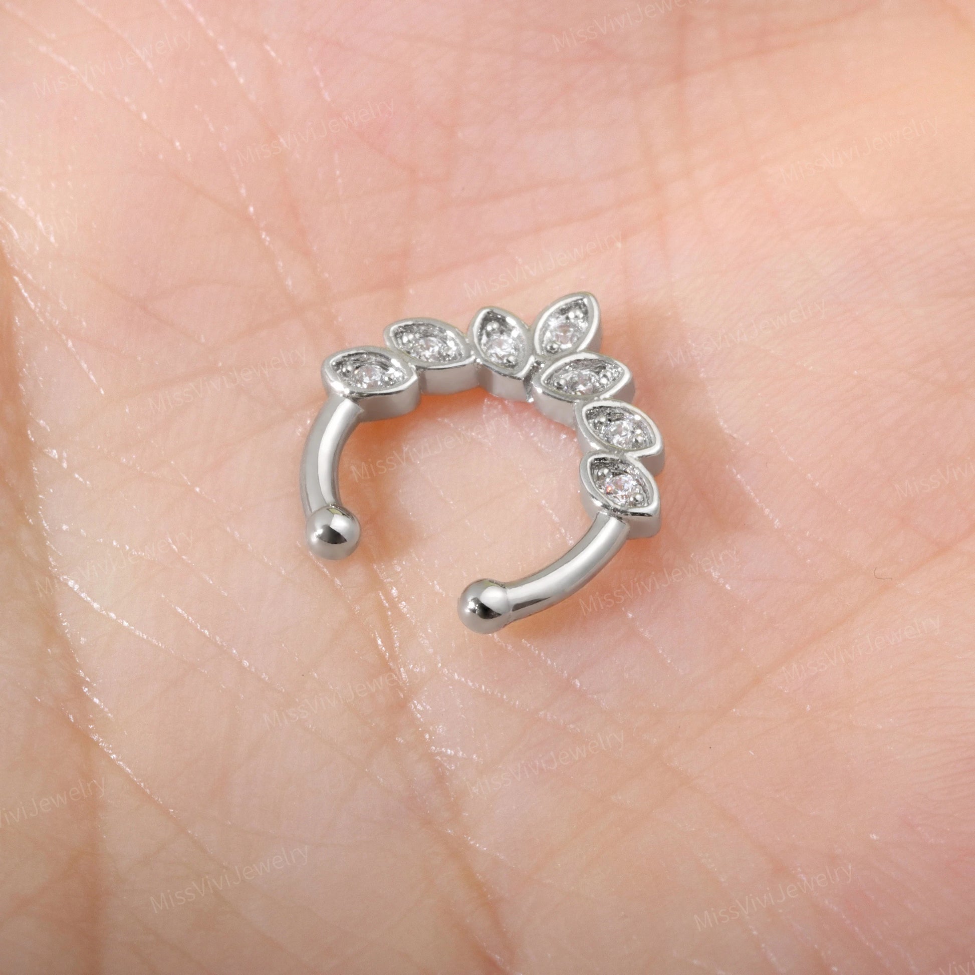 Fake Septum Ring Fit All/Adjustable CZ Leaves Setpum Hoop/Gold Septum Cuff/ Silver Clip On Nose Ring/Fake Piercing Hoop/False Nose Ring 10mm Miss Vivi Jewelry