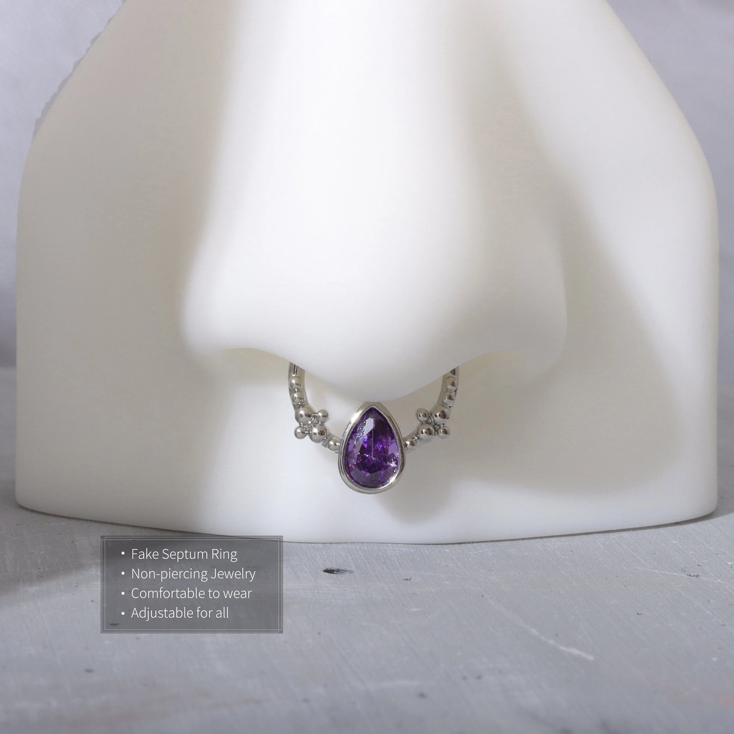 Fake Septum Ring Fit All/Adjustable Purple Waterdrop CZ Setpum Hoop/Gold Septum Cuff/Silver Clip On Nose Ring/Fake Hoop/False Nose Ring 10mm Miss Vivi Jewelry