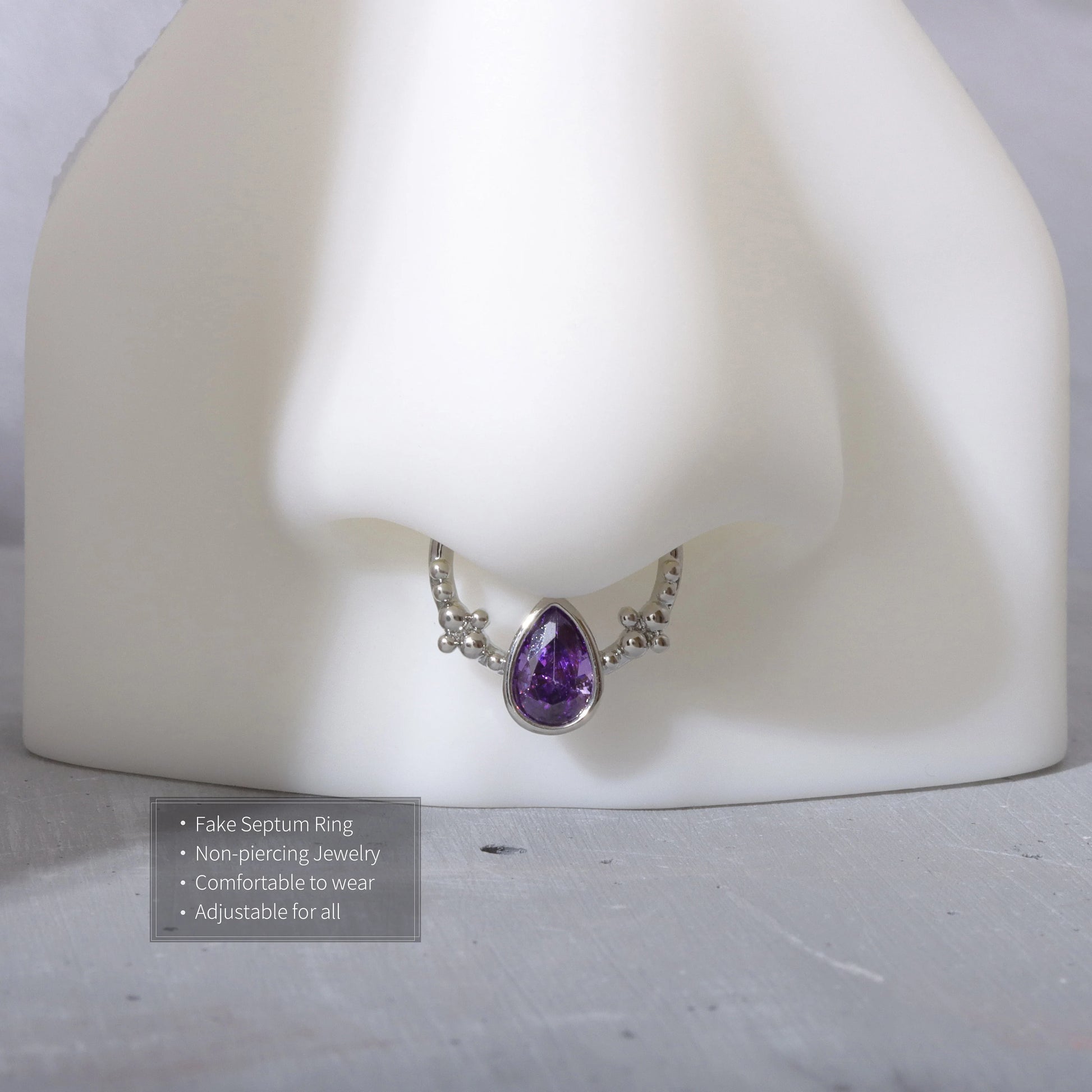 Fake Septum Ring Fit All/Adjustable Purple Waterdrop CZ Setpum Hoop/Gold Septum Cuff/Silver Clip On Nose Ring/Fake Hoop/False Nose Ring 10mm Miss Vivi Jewelry