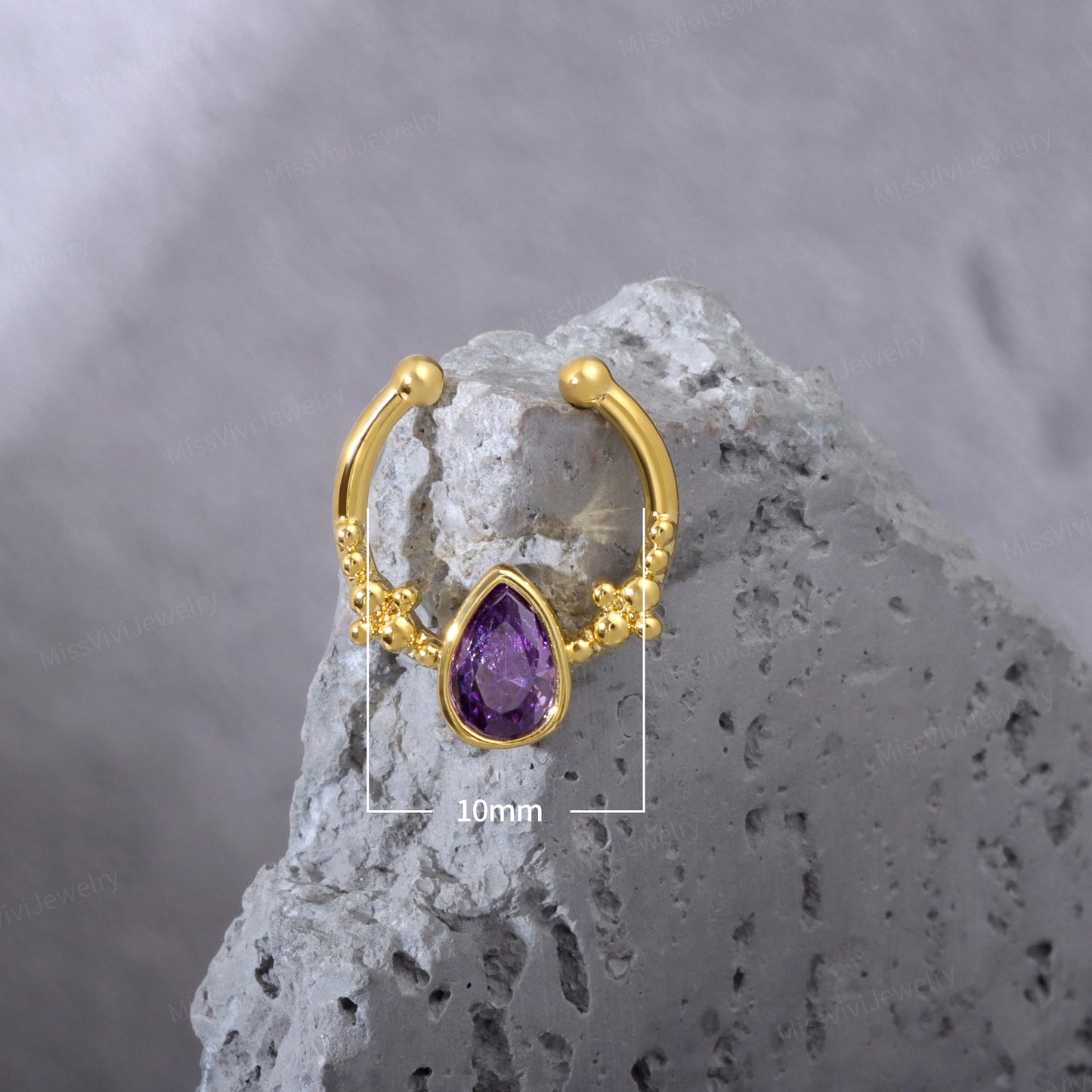Fake Septum Ring Fit All/Adjustable Purple Waterdrop CZ Setpum Hoop/Gold Septum Cuff/Silver Clip On Nose Ring/Fake Hoop/False Nose Ring 10mm Miss Vivi Jewelry