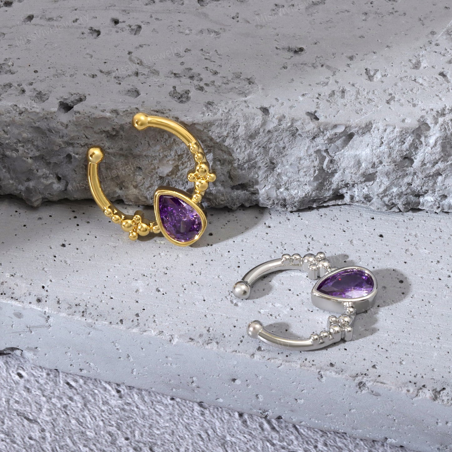 Fake Septum Ring Fit All/Adjustable Purple Waterdrop CZ Setpum Hoop/Gold Septum Cuff/Silver Clip On Nose Ring/Fake Hoop/False Nose Ring 10mm Miss Vivi Jewelry